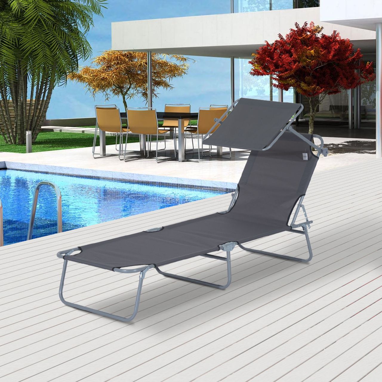 Outsunny Sonnenliege Gartenliege Wellnessliege Strandliege klappbar mit Sonnenschutz (Grau)