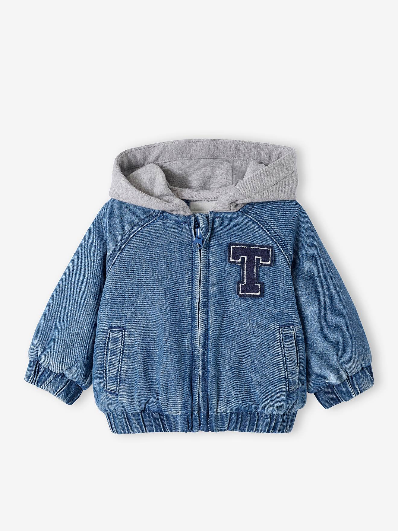 Blouson doublé en denim bébé capuche en molleton stone