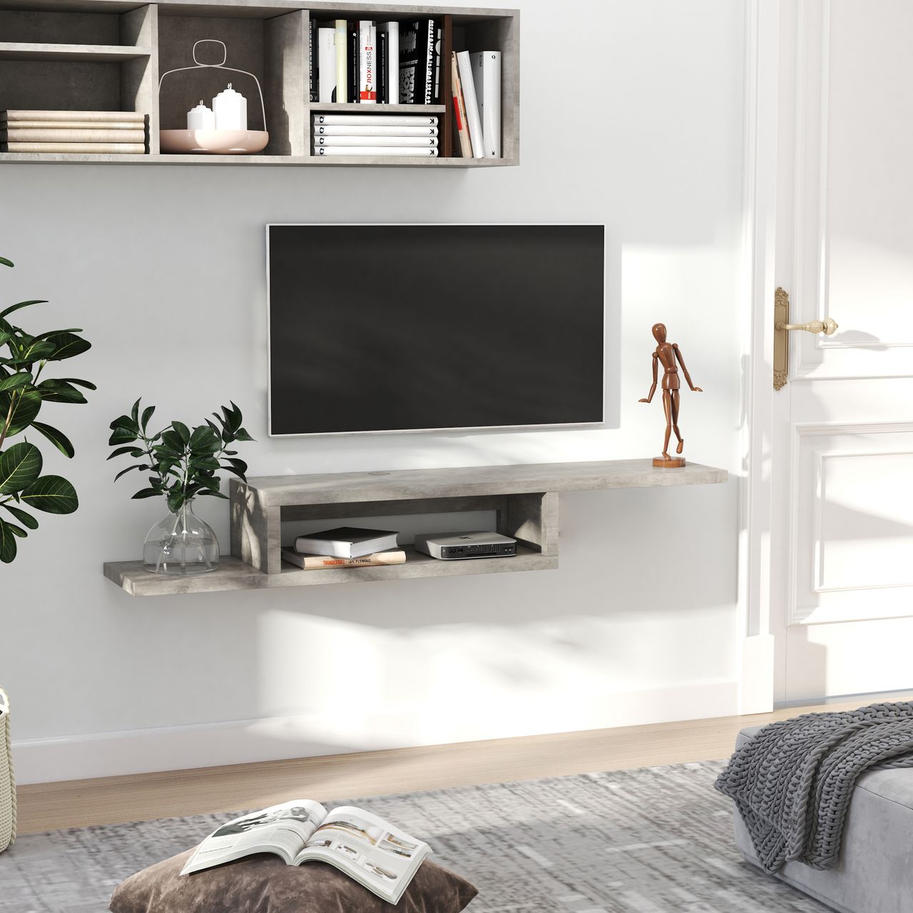 HOMCOM TV Hängeschrank Lowboard Hängeboard Fernsehschrank Spanplatte Zementgrau