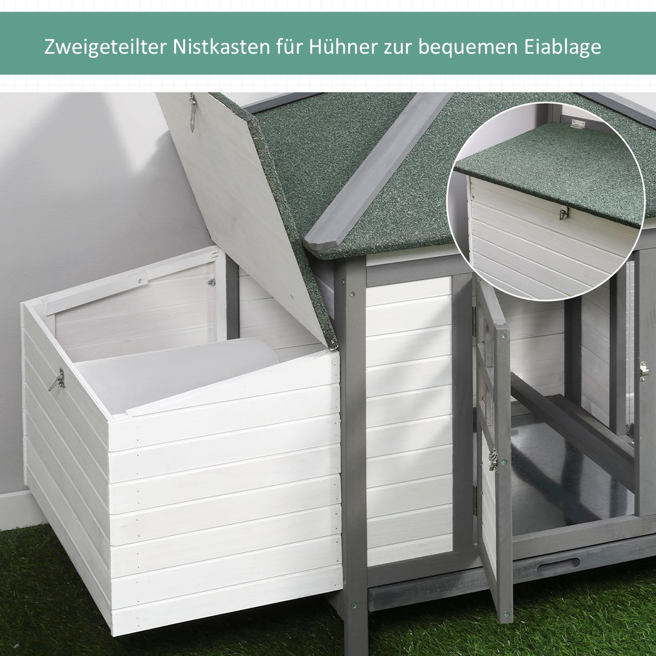 PawHut Zwerghühnerstall Stall mit Auslauf Nistkasten Kiefernholz Grau Weiß