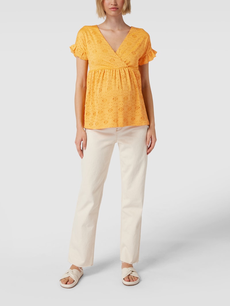 Umstands-Bluse mit floralen Lochstickereien in senfgelb