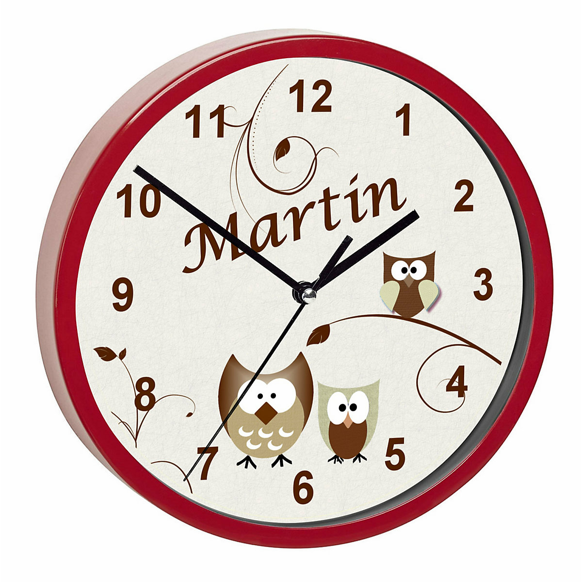 Kinder Wanduhr laufruhig personalisiert mit Name Eule Beige