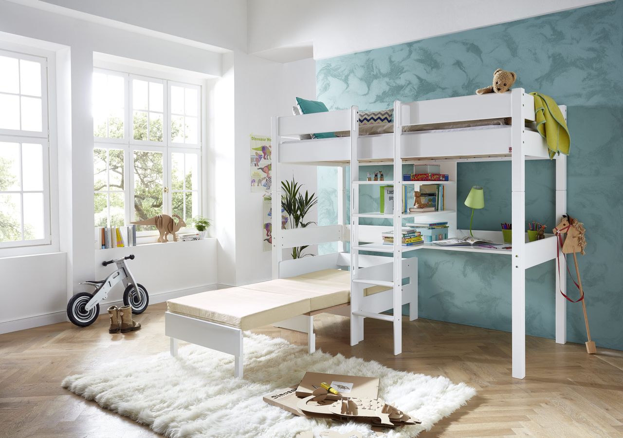 Relita Etagenbett NOEL inkl. Zusatz-Sessel mit Sitzkissen beige, Buche massiv weiß lackiert