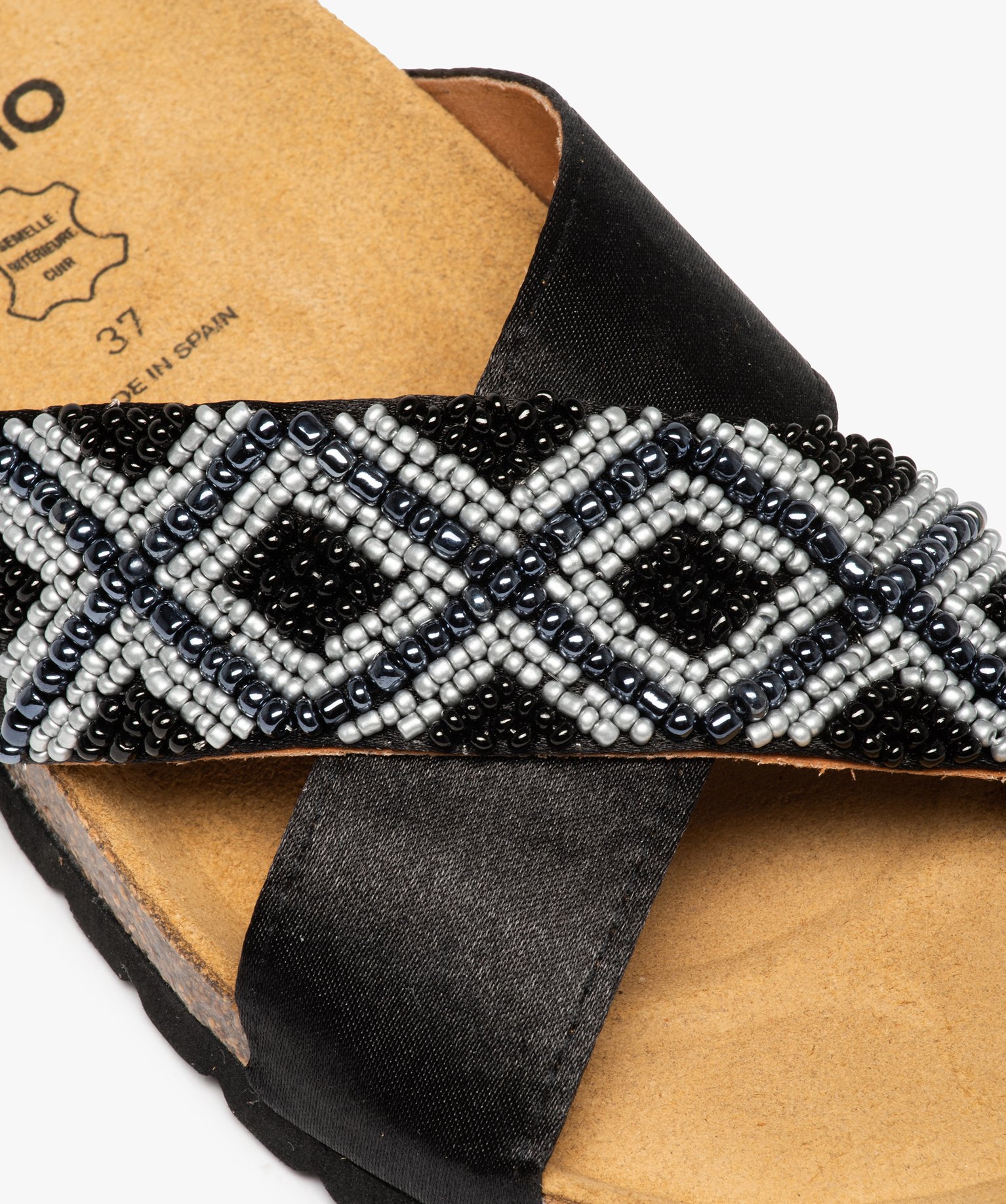 Mules femme avec brides croisées et perles de rocaille noir | GEMO