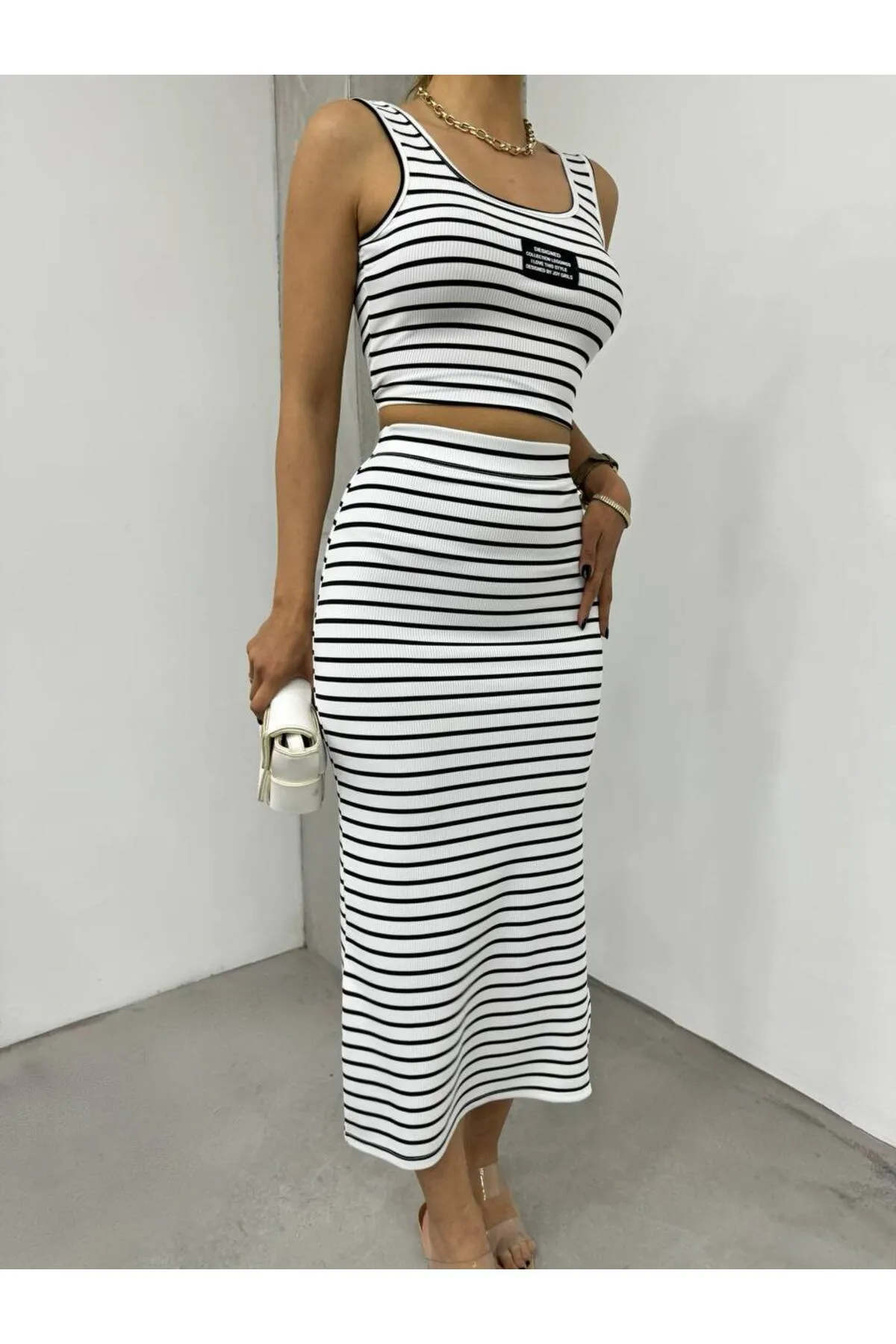 BİKELİFE  Damen-Set mit gestreiftem Crop-Top und Midirock