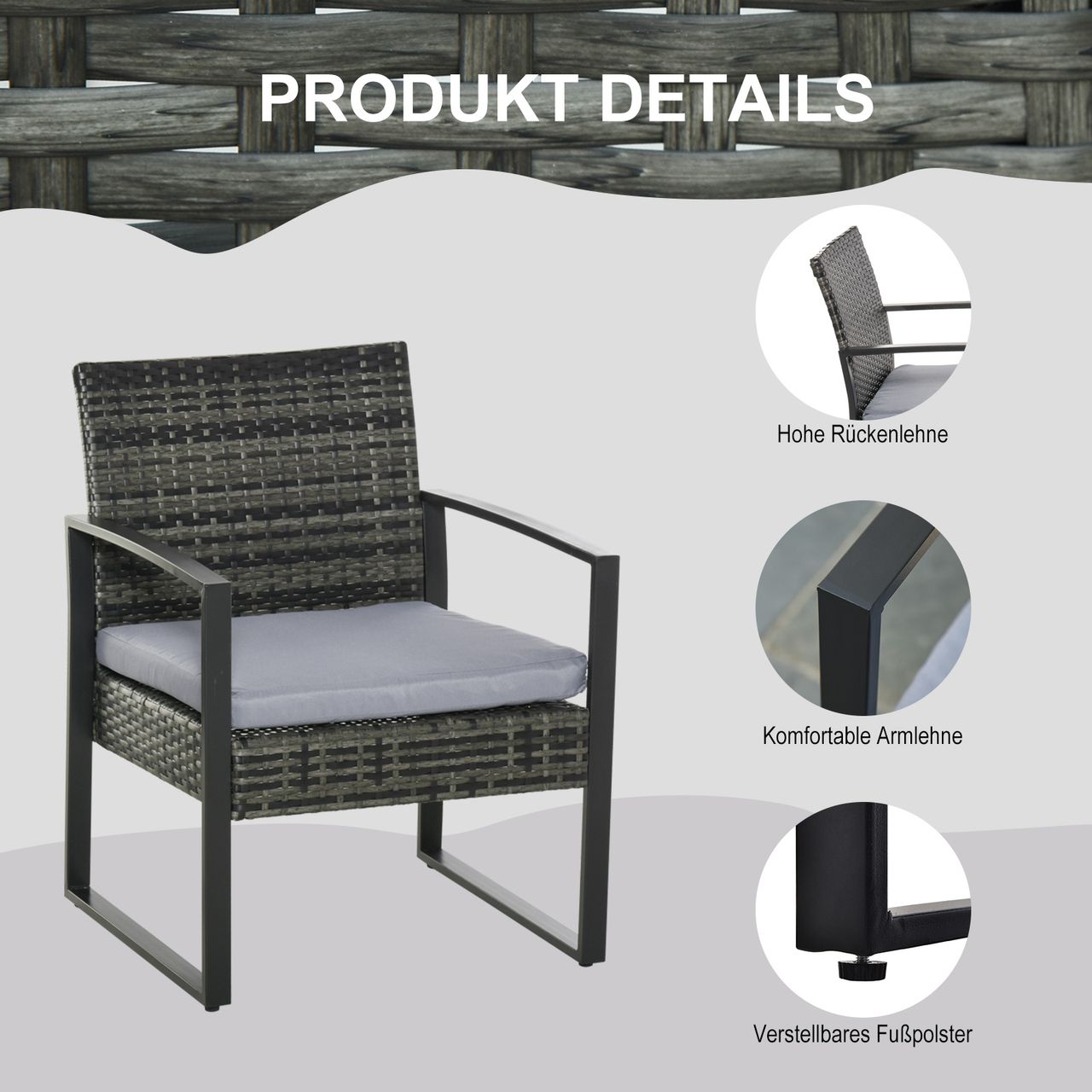 Outsunny Polyrattan Gartenset 3 tlg. Balkonmöbel Set mit Kissen Grau