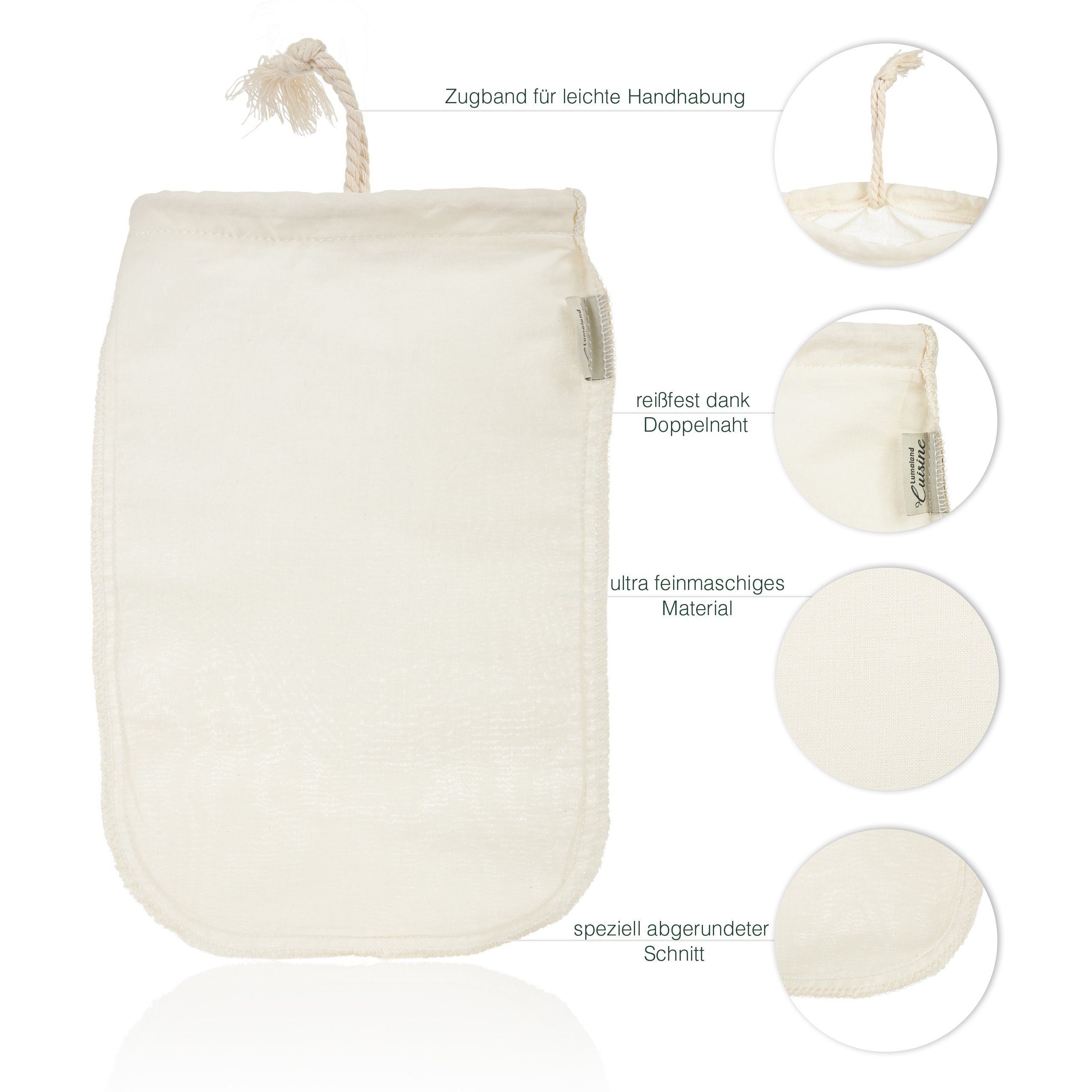 Lumaland Passiersieb, Hanf Faser, (Nussmilchbeutel + Mandelmilch Rezept, 1-St., Nussmilchbeutel + Mandelmilch Rezept), aus reinen Hanf Fasern für vegane Nussmilchherstellung