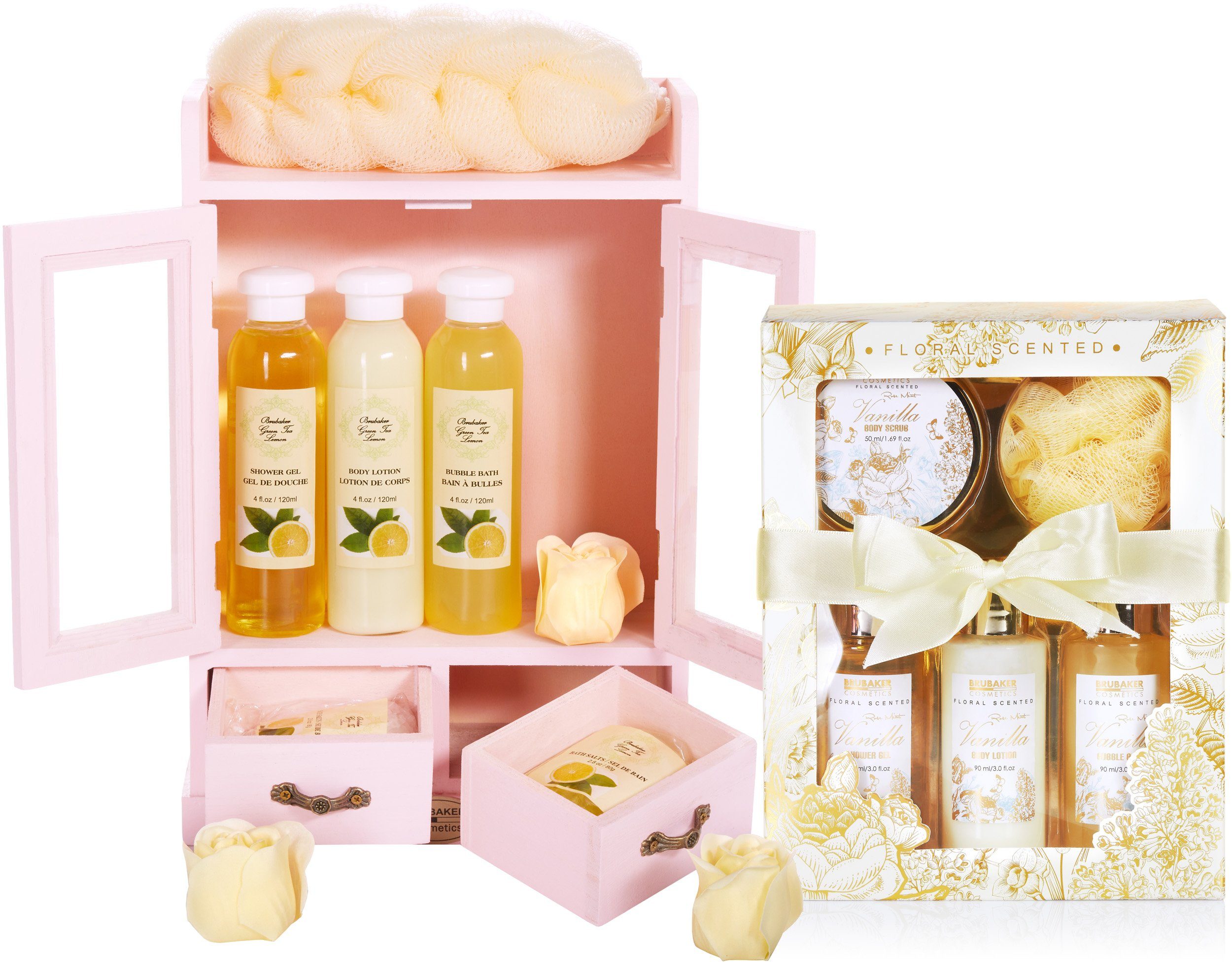 BRUBAKER Pflege-Geschenkset 2 in 1 Pflegeset Grüner Tee Lemon & Vanilla Rose Minze - Wellness Set, 15-tlg., Damen Dusch- und Badeset - Frauen Beauty Geschenkset mit Dekoration