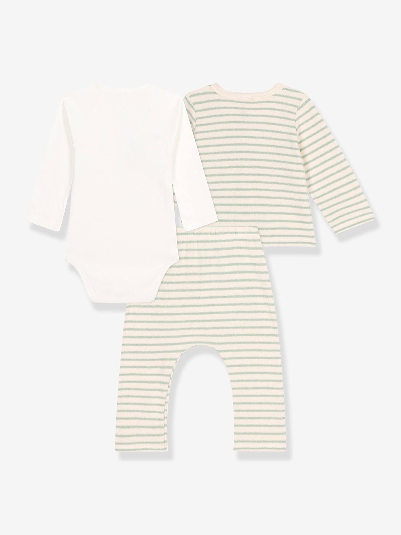 Petit Bateau Baby-Set: Wickelbody, Babyjacke & Hose PETIT BATEAU - grün gestreift
