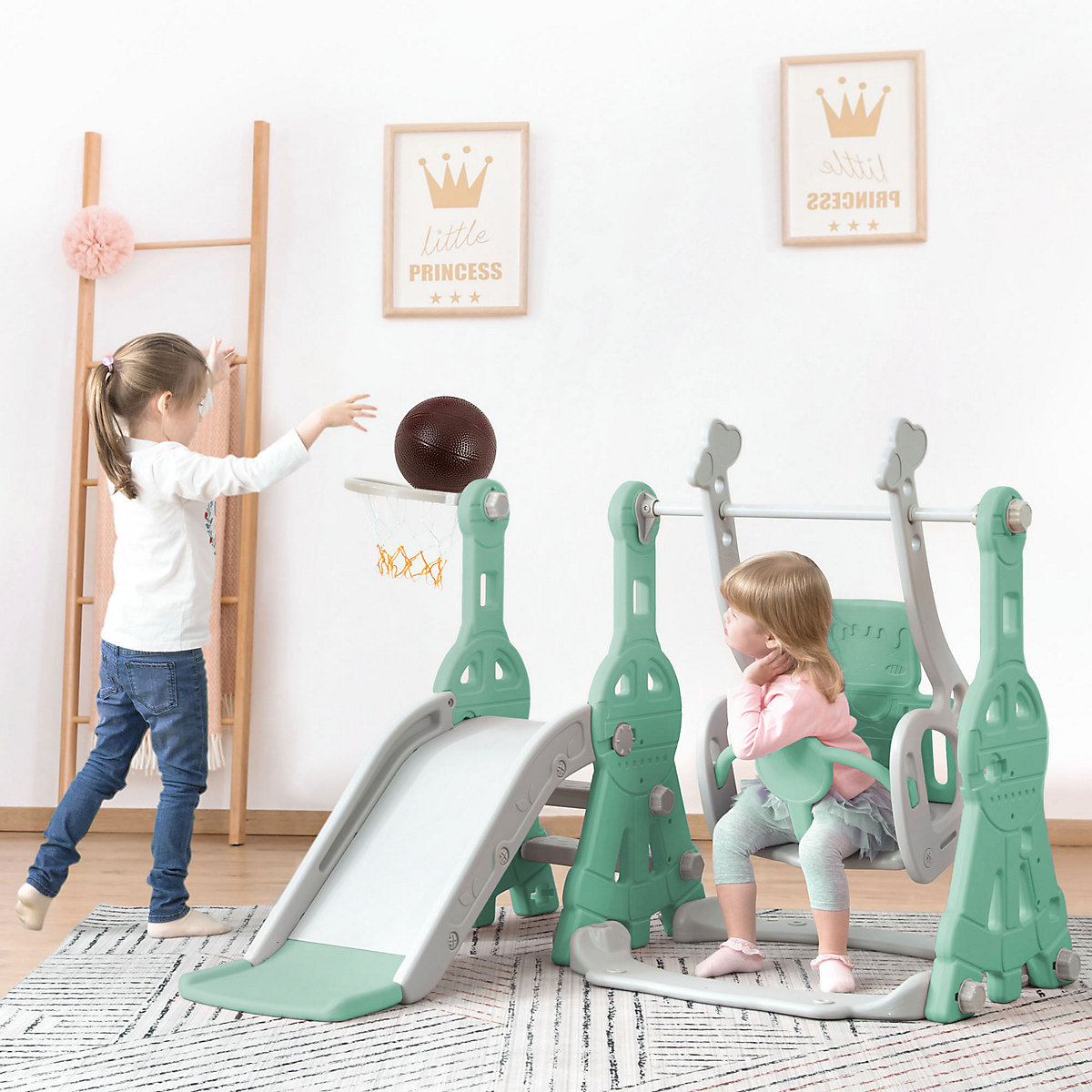 Rutsche 3 in 1 Kinderrutsche Spielplatz mit Schaukeln, Basketballkorb