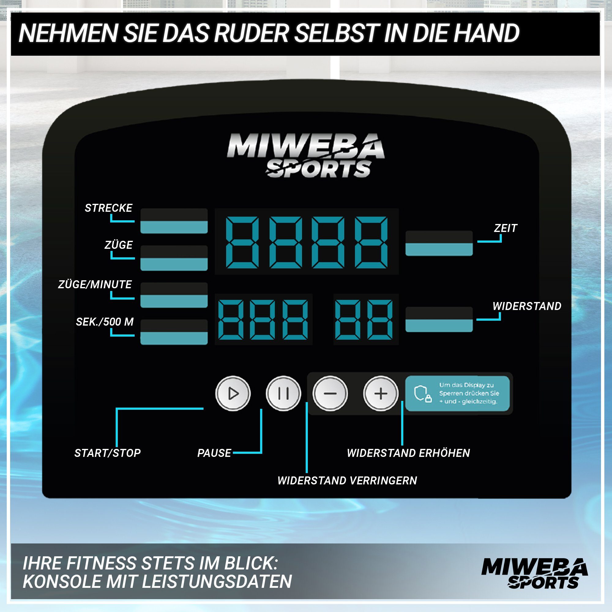 Miweba Sports Rudergerät Designer Rudermaschine MR100 - 10 kg Schwungmasse - auch Holz Optik (LCD Display, ergonomischer Sitz, Anti-Rutsch-Griff, Transportrollen, klappbar & kompakt, Rudergeräte für Zuhause, Krafttraining, Ganzkörpertraining, Rowing