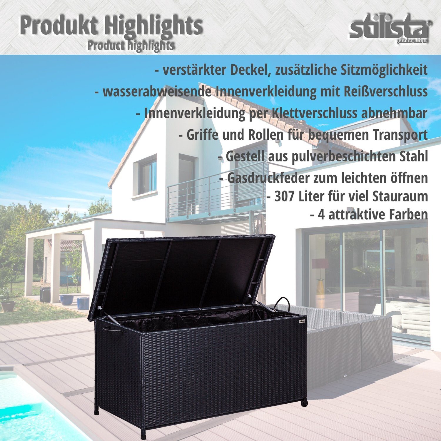STILISTA Gartenbox Polyrattan Gartenbox Gartentruhe Aufbewahrungsbox, Deckel mit Hubautomatik, Innenplane, Räder und Tragegriffe, Farbwahl