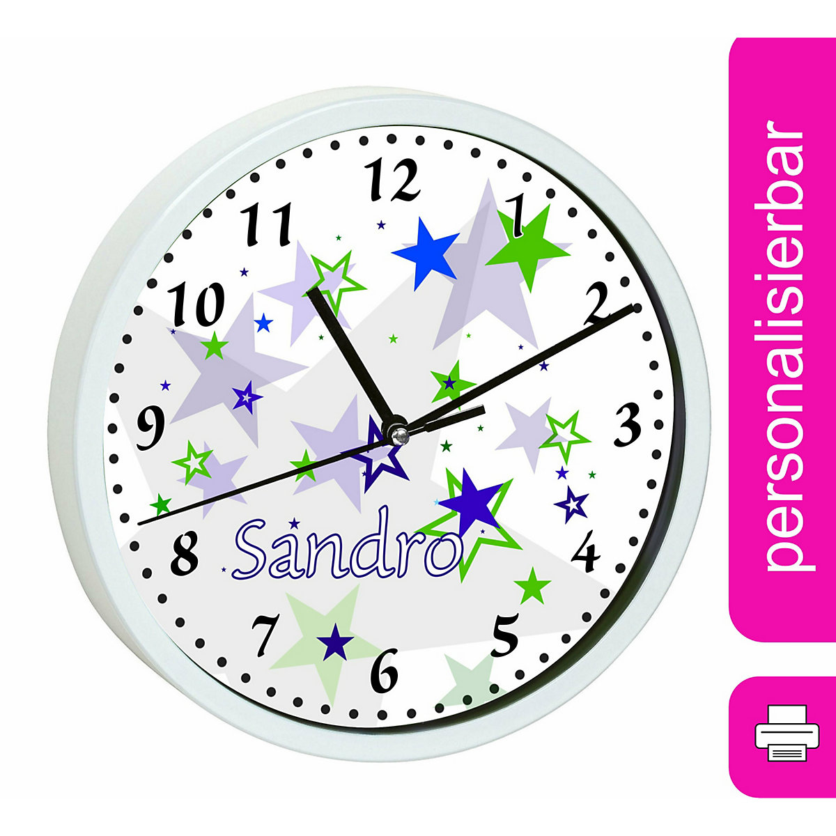 Kinder Wanduhr personalisiert mit Name Sternenhimmel Blau Grün