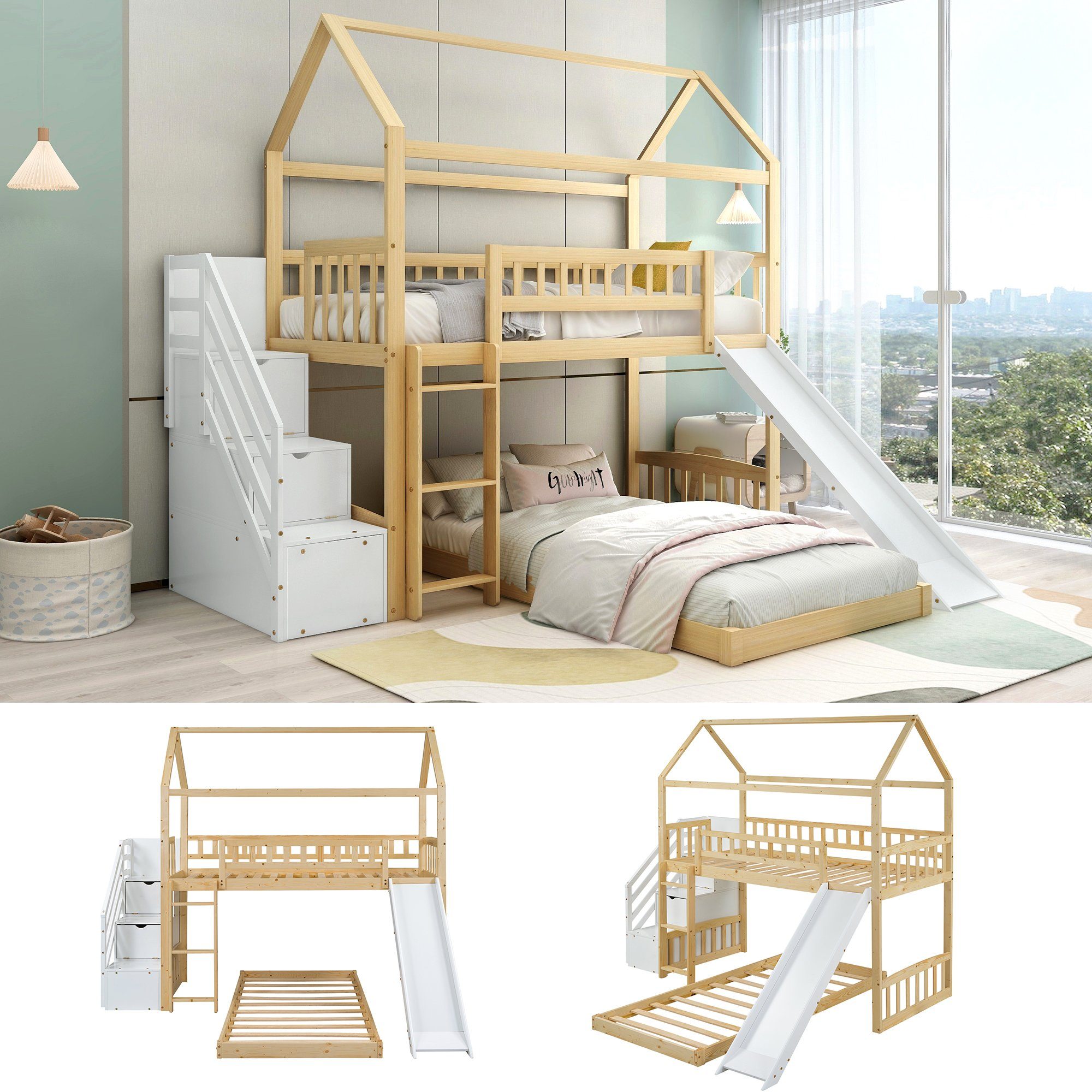 Gotagee Kinderbett Hausbett Kinderbett Etagenbett mit Treppe+Stauraum+Rutsche 90x200cm, Natur+Weiß