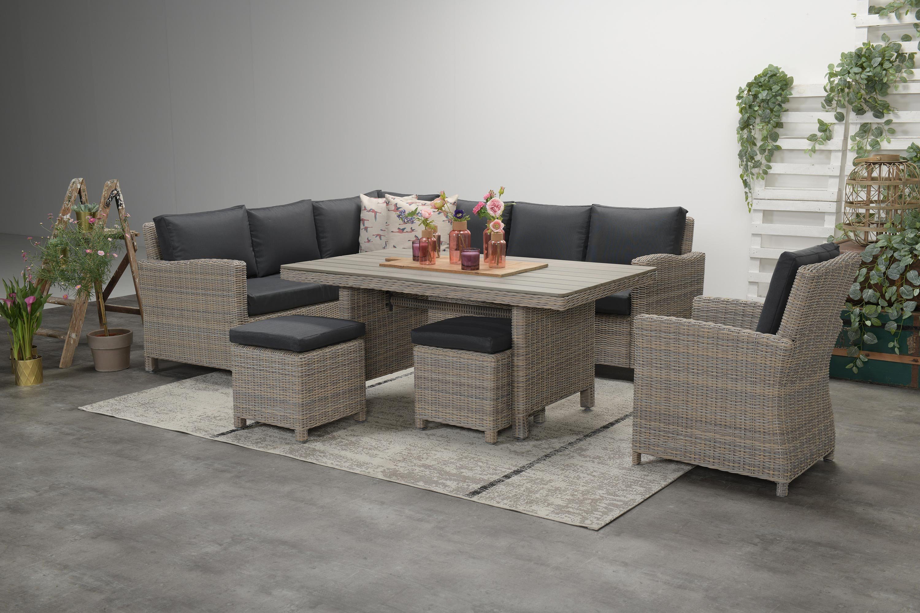GMD Living Eckbankgruppe VANCOUVER, (Gartensitzgruppe / Gartenessgruppe, 5-tlg., bestehend aus 2 Bankteilen, einem Tisch und 2 Hockern), pflegeleichtes Set mit viel Platz für die ganze Familie
