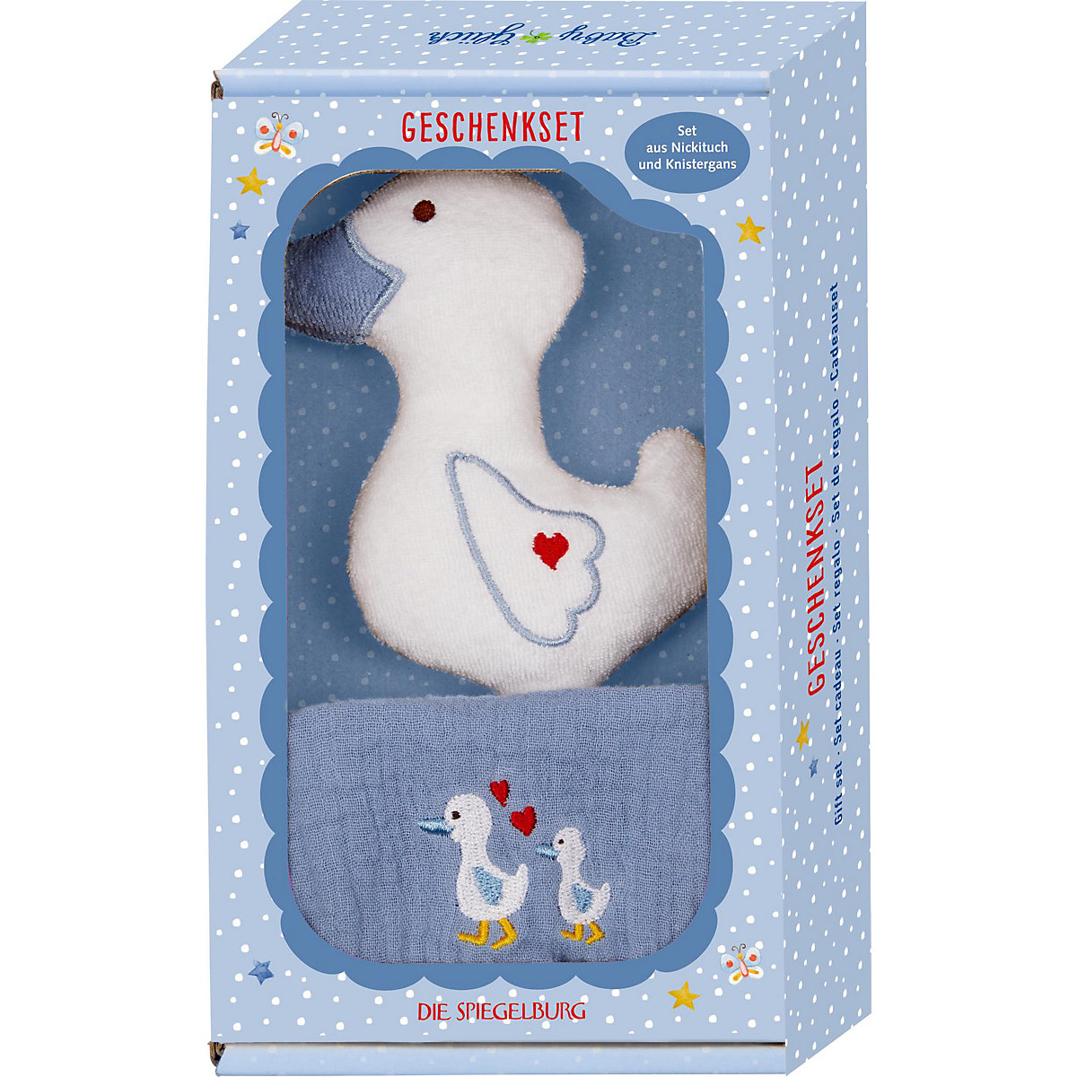 Kuscheltier & Halstuch Geschenkset BabyGlück Gans hellblau