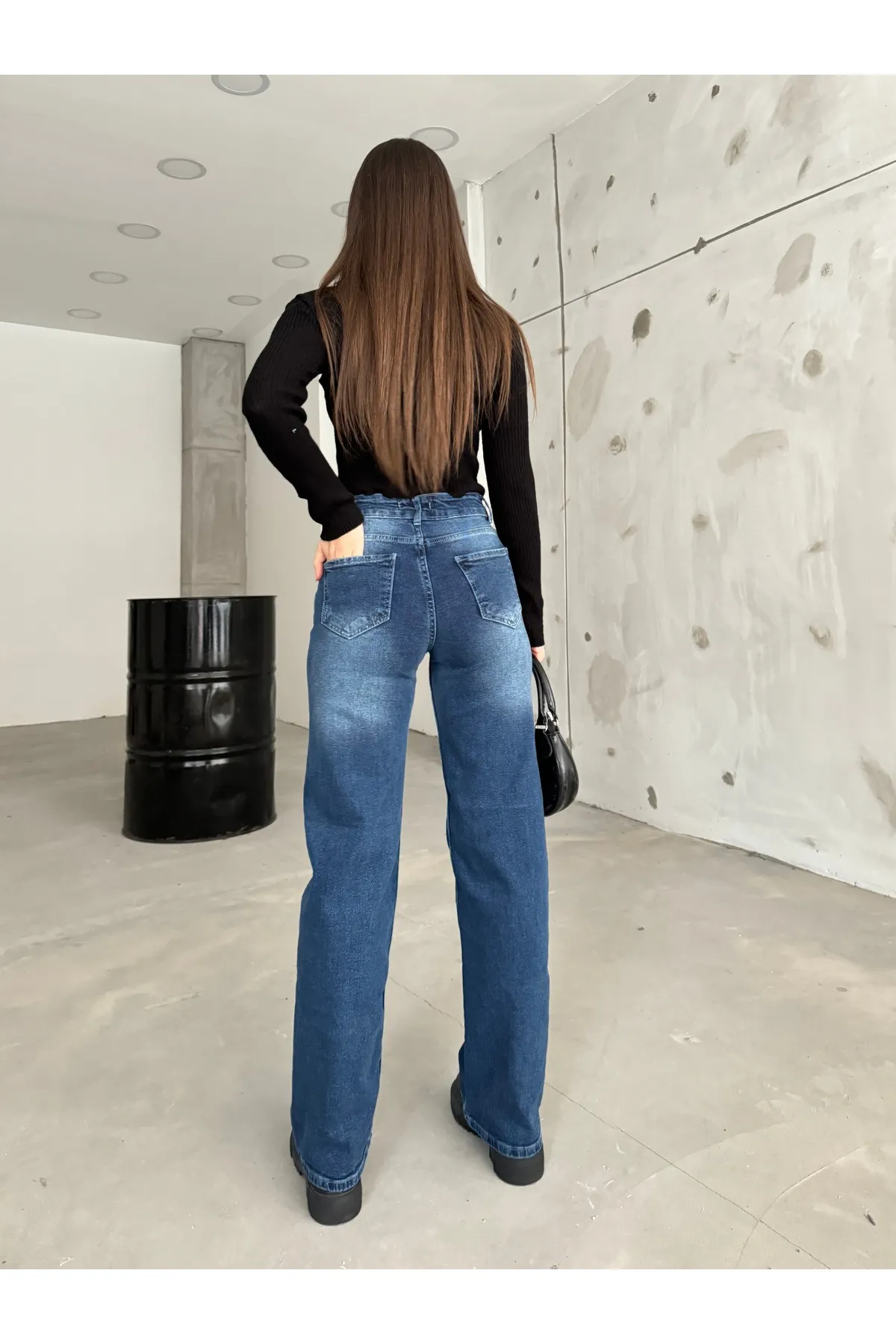 BİKELİFE  Damen-Palazzo-Jeans aus Lycra mit hoher Taille und weitem Bein in Blau mit hellem Effekt und weitem Bein in Segelblau