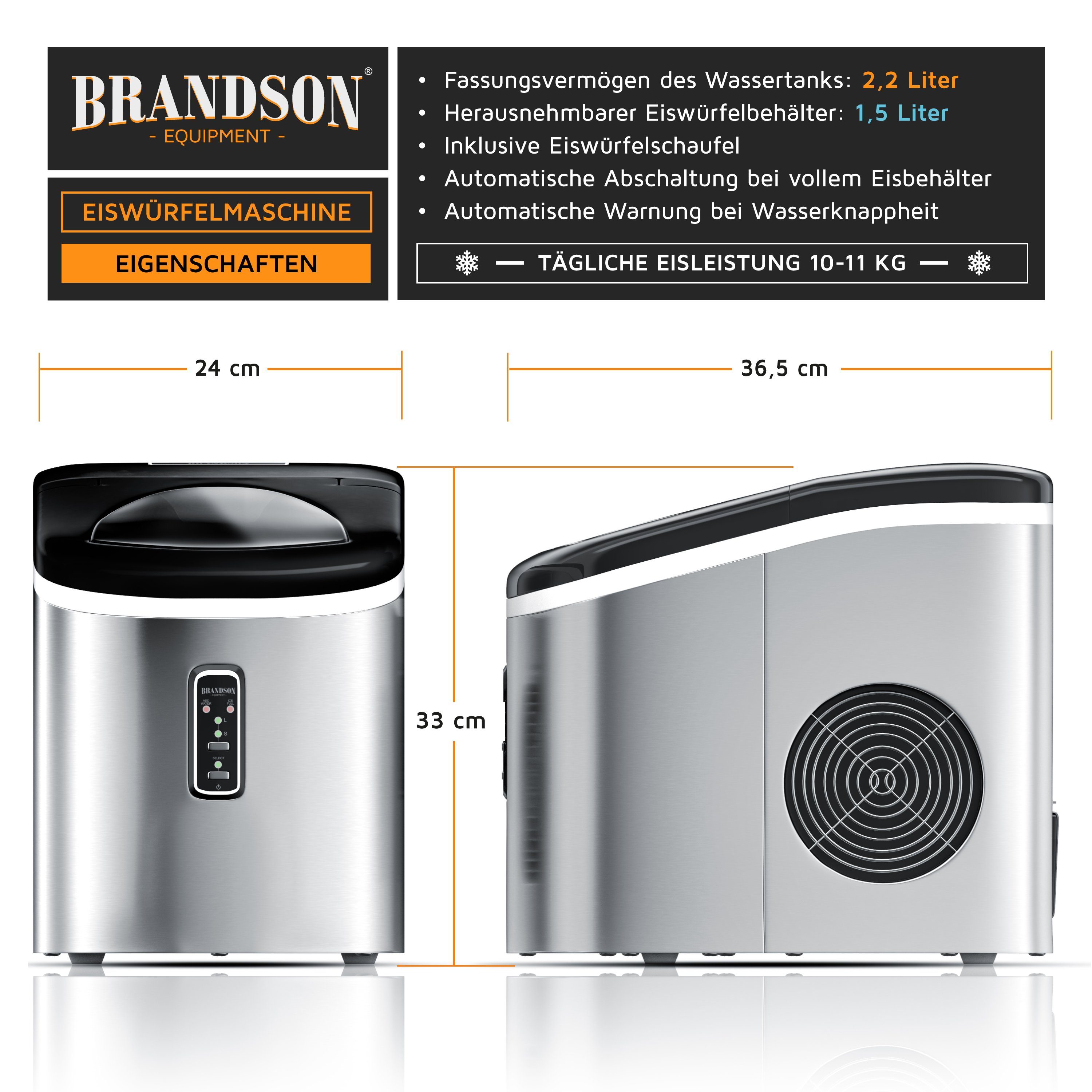 Brandson Eiswürfelmaschine, 100 W, 2,2 Liter Eiswürfelbereiter, 9 Eiswürfel in 9 Minuten