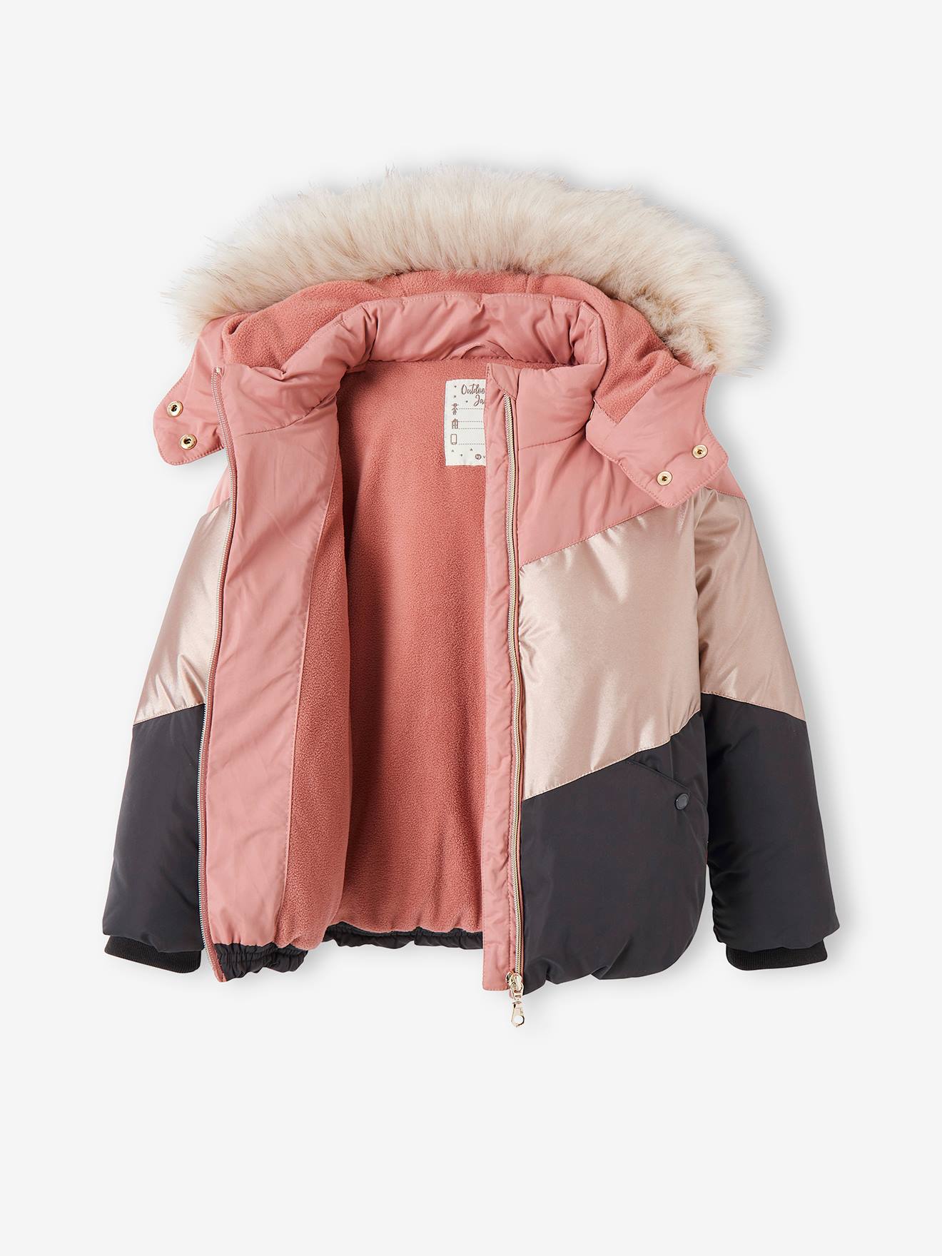Doudoune à capuche colorblock fille doublée maille polaire rose fumé