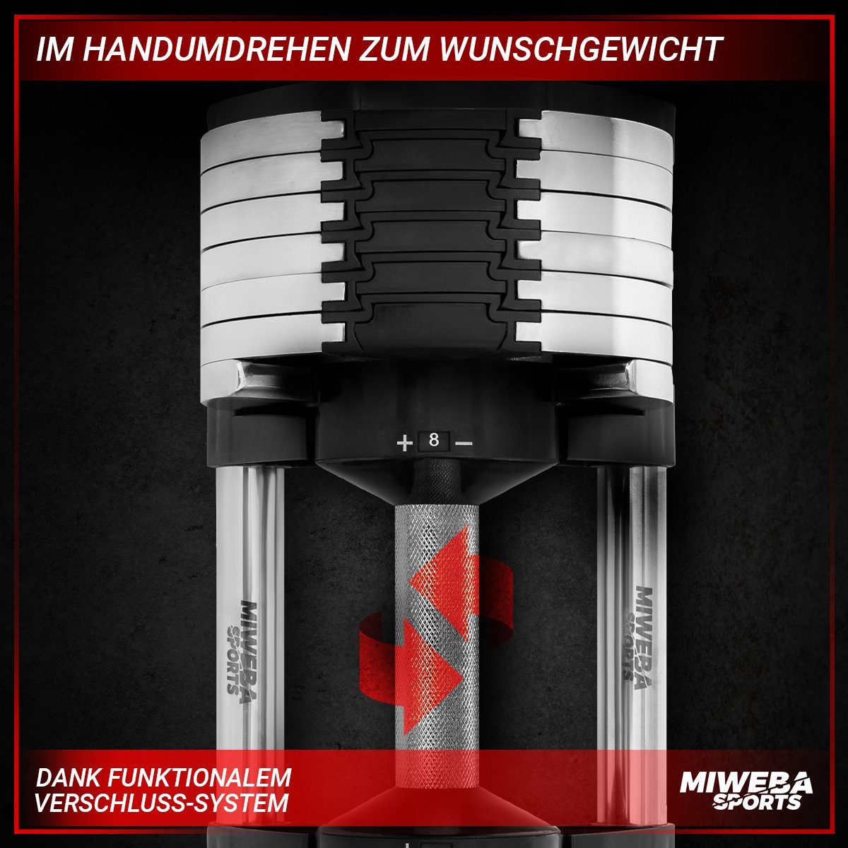 Miweba Sports Kurzhantel verstellbares Fitness Hantel Set VH100 inkl. Gestell, (Packung, 12 Gewichtsstufen, 2 – 24 kg, funktionales Verschluss-System, Stahl, Chrom Optik, platzsparend, Krafttraining, Muskelaufbau, Sport, Workout, Kurzhantelset), 12-i