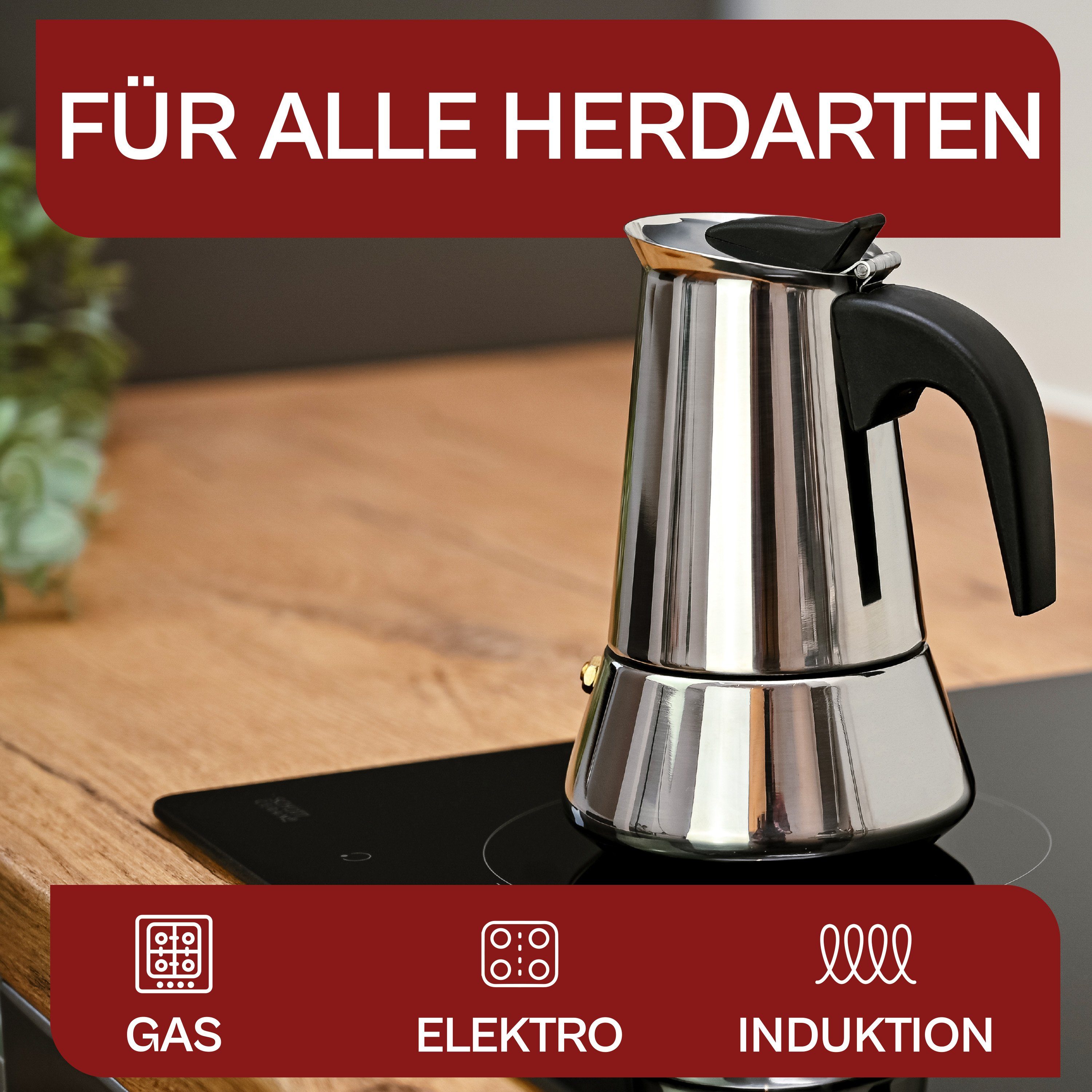 Cosumy Espressokocher Espressokocher 4 Tassen Induktion geeignet, Edelstahl - Mit Dosierlöffel und Bürste