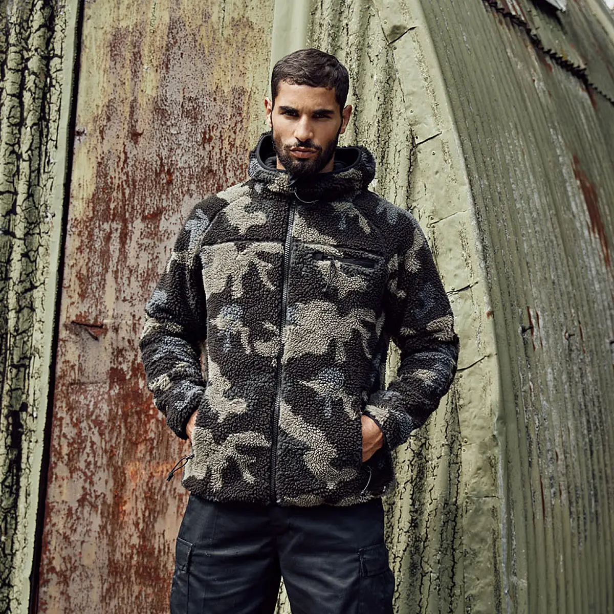 Teddyfleece Worker Jacke mit Kapuze darkcamo