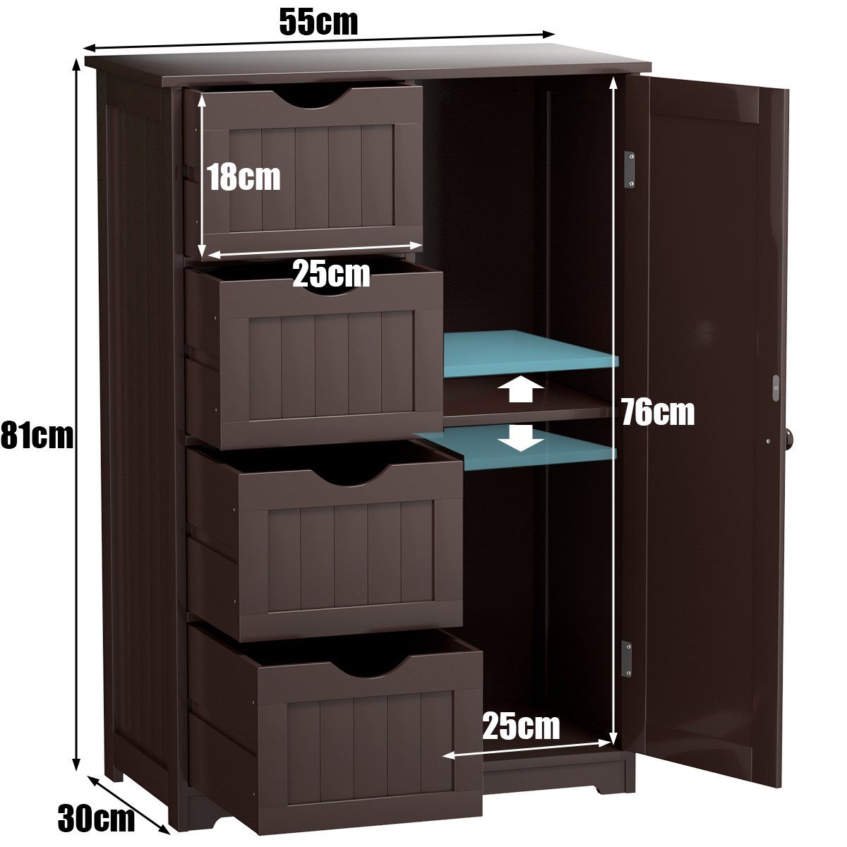 COSTWAY Badkommode, mit 4 Schubladen & 1-türigem Schrank, 55 x 30 x 81 cm