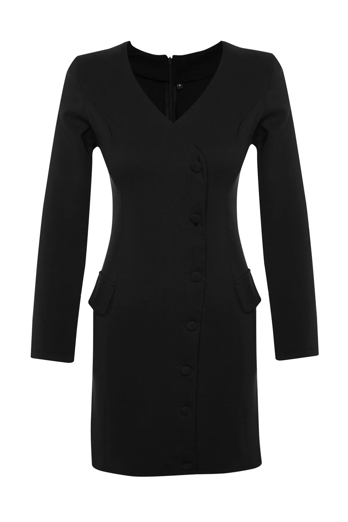 Trendyol Collection  Schwarzes, gewebtes Jackenkleid mit Taschen und Knöpfen TWOAW24EL00629