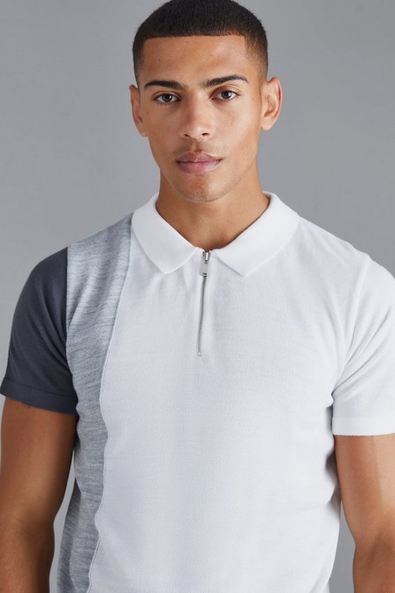 Kurzärmliges Colorblock Strick-Poloshirt mit halbem Reißverschluss
