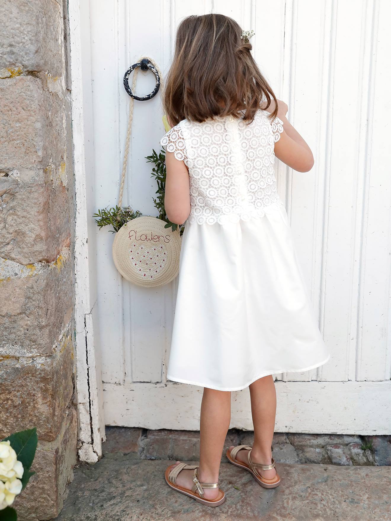 Robe de cérémonie effet 2 en 1 superposition en macramé fille ivoire