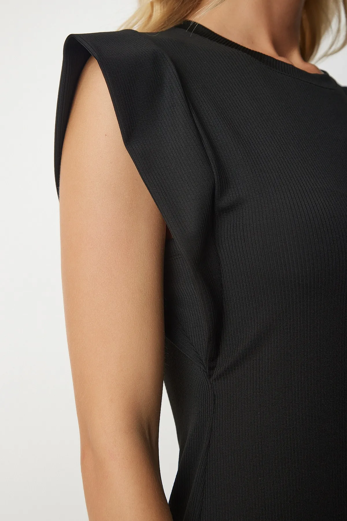 Happiness İstanbul  Schwarzes ärmelloses Cord-Bleistiftkleid für Damen MC00217