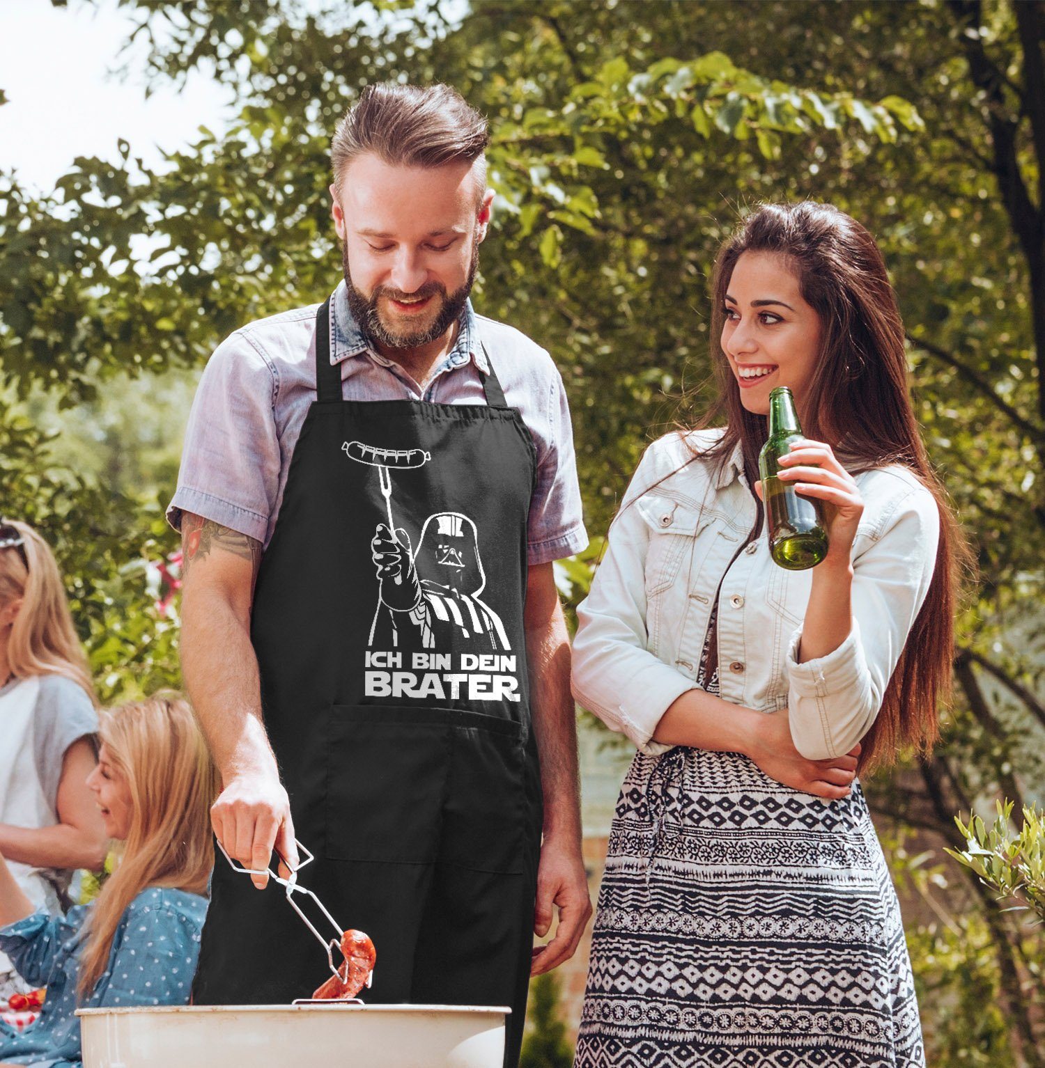 MoonWorks Grillschürze Grill-Schürze für Männer mit Spruch Ich bin dein Brater Baumwoll-Schürze Kochschürze Grillen Barbecue BBQ Fleisch Sommer Moonworks®, mit kreativem Aufdruck