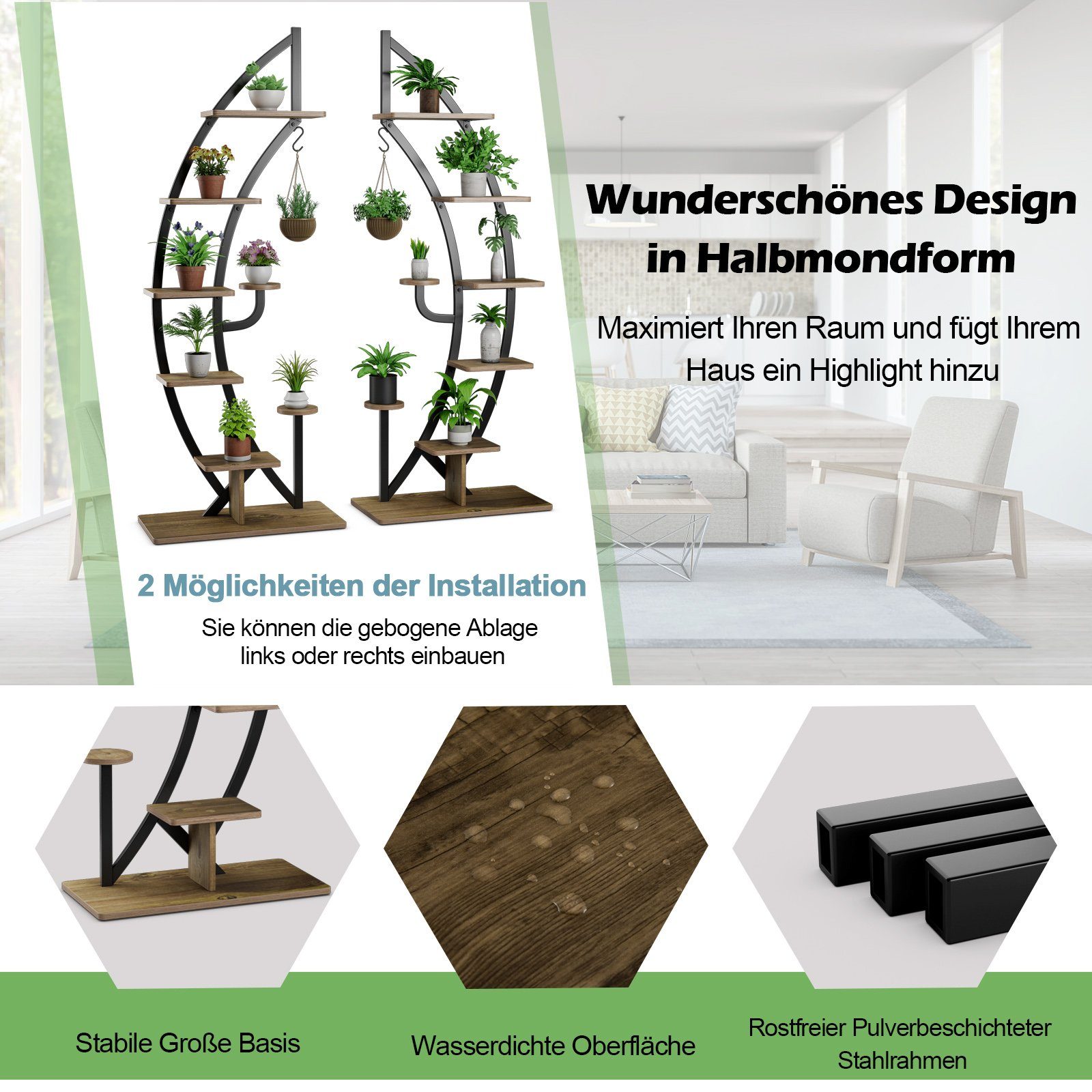 COSTWAY Blumenständer (1 St), 6-stufig, mit 2 Ablagen, Haken & Kippschutz