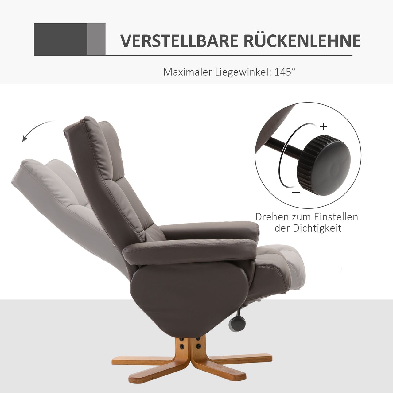 HOMCOM Relaxsessel Fernsehsessel 360° drehbarer Sessel mit Hocker Liegefunktion Holzgestell Braun 80 x 86 x 99cm