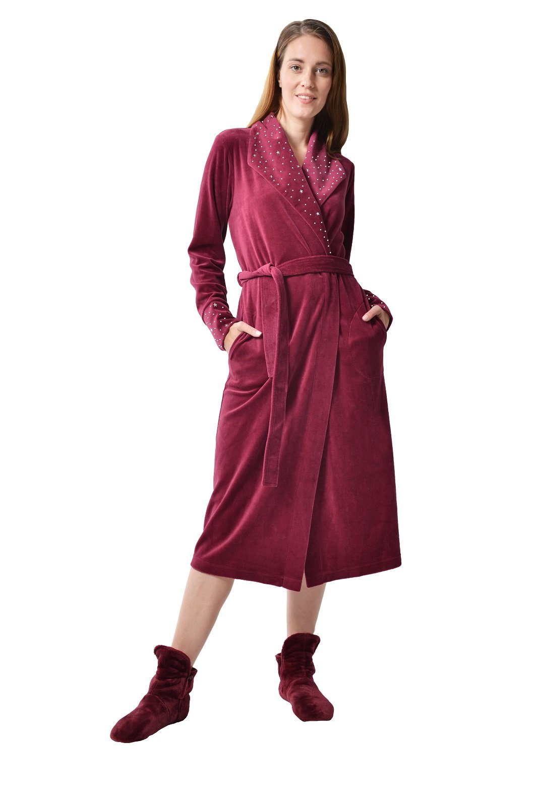 RAIKOU Damenbademantel Morgenmantel, Saunamantel, Loungemantel 80% Baumwolle, Unterschenkel, 80% Baumwolle, 20% Polyester, groß Revers, Gürtel, Mit hellem Strassstein