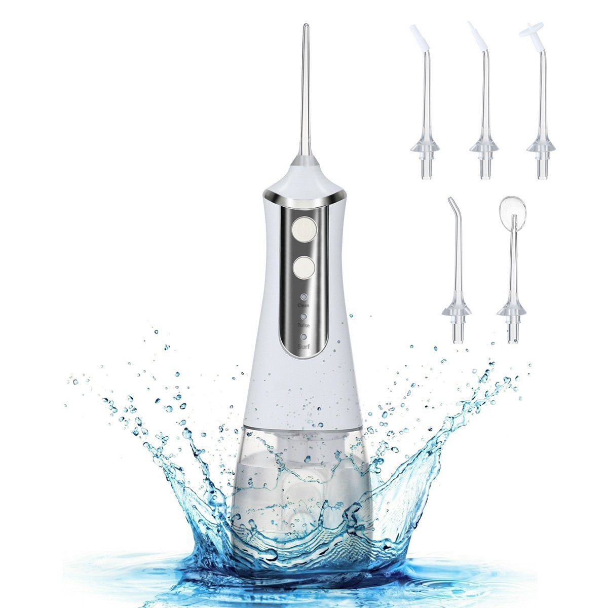 flowgoer Munddusche Schnurlose Munddusche 300 ml 2000 mAh Wasserflosser, Zahndusche, Offener Wassertank für verbesserte Mundhygiene mit 5 Modi und 5 Düsen