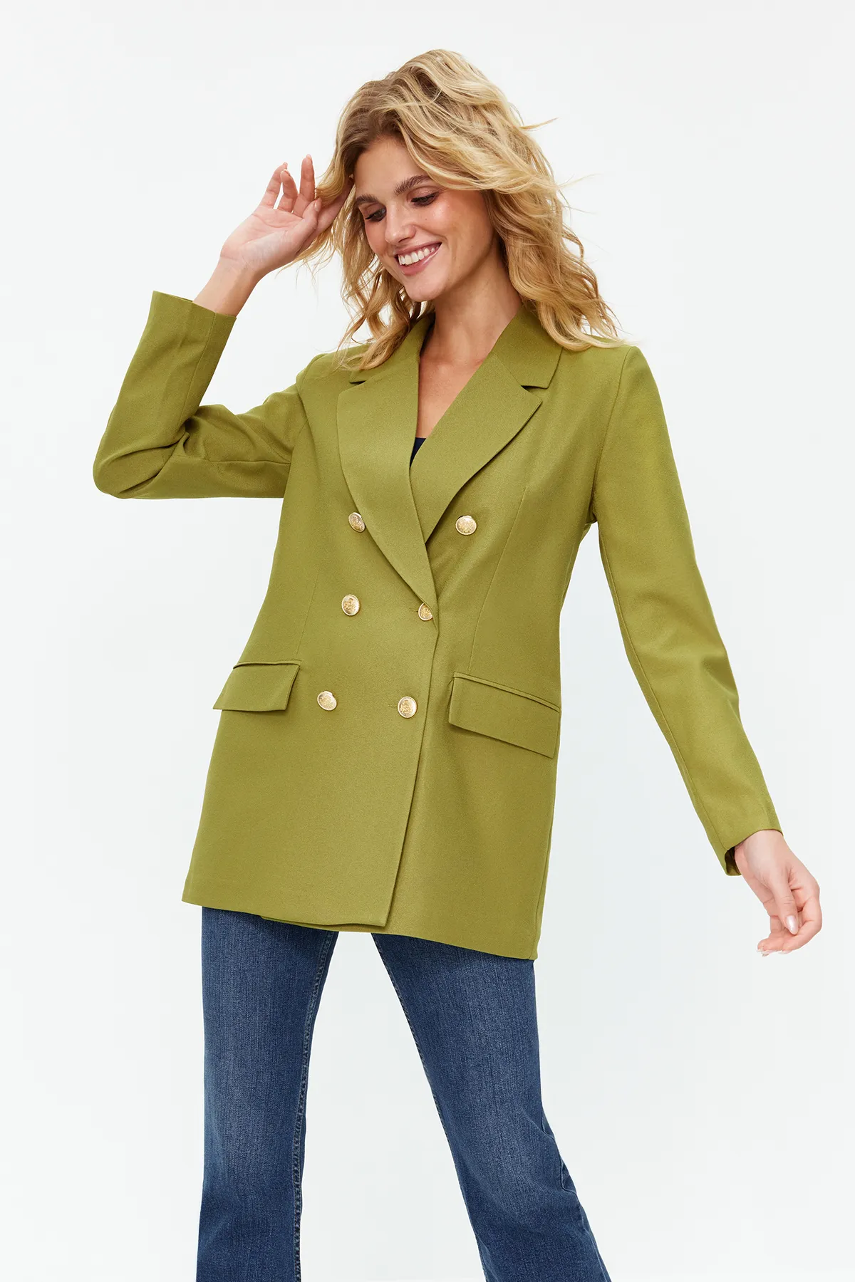 Trendyol Collection  Hellkhakifarbener, übergroßer, gefütterter, zweireihiger, gewebter Blazer-Jacke TWOSS20CE0024