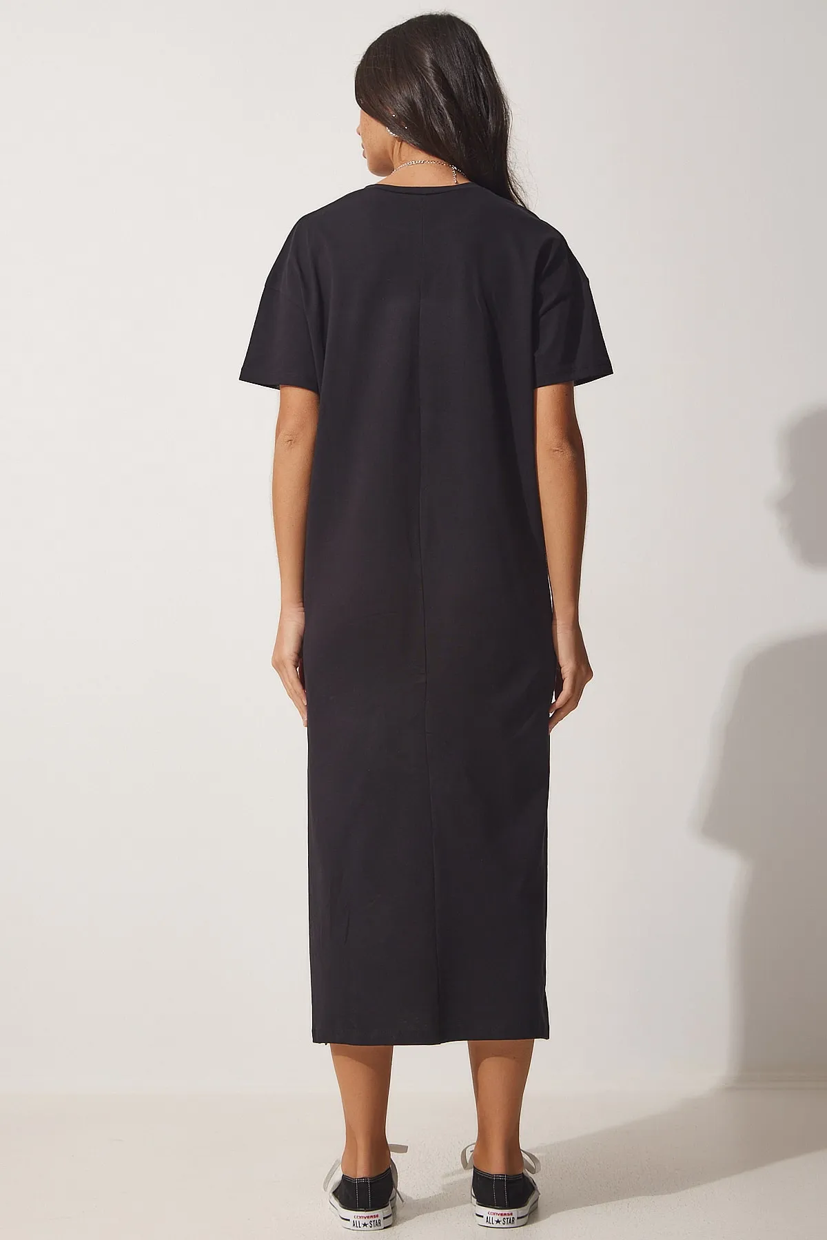 Happiness İstanbul  Damen-Sommerkleid aus gekämmter Baumwolle aus schwarzer Baumwolle UB00080