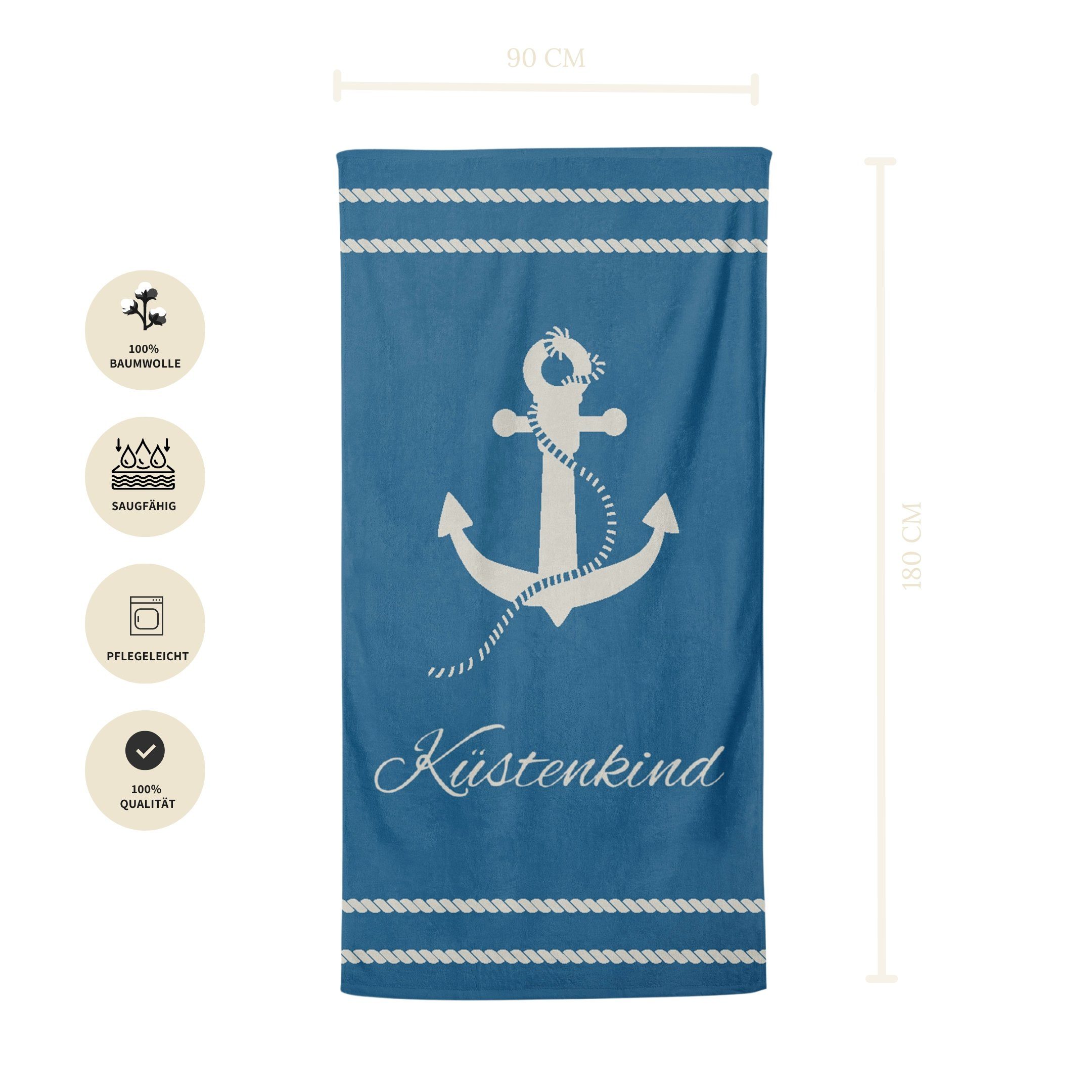 MTOnlinehandel Badetuch Küstenkind Strandtuch / Strandlaken 90x180 cm, 100%, Baumwolle (1-St), maritimes Design mit Anker, hochwertig, weich und flauschig