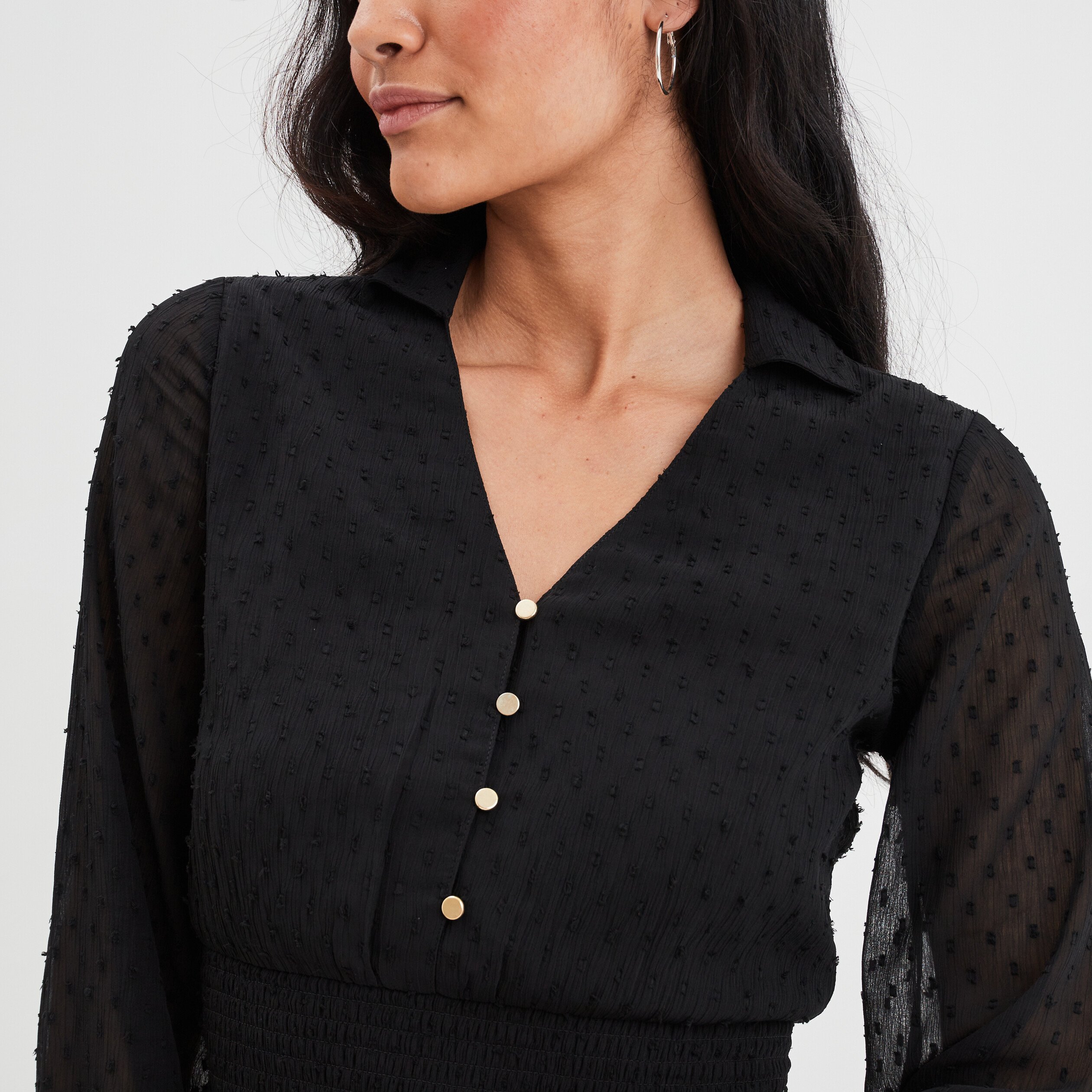 Robe longue plumetis manches longues noir femme | La Halle