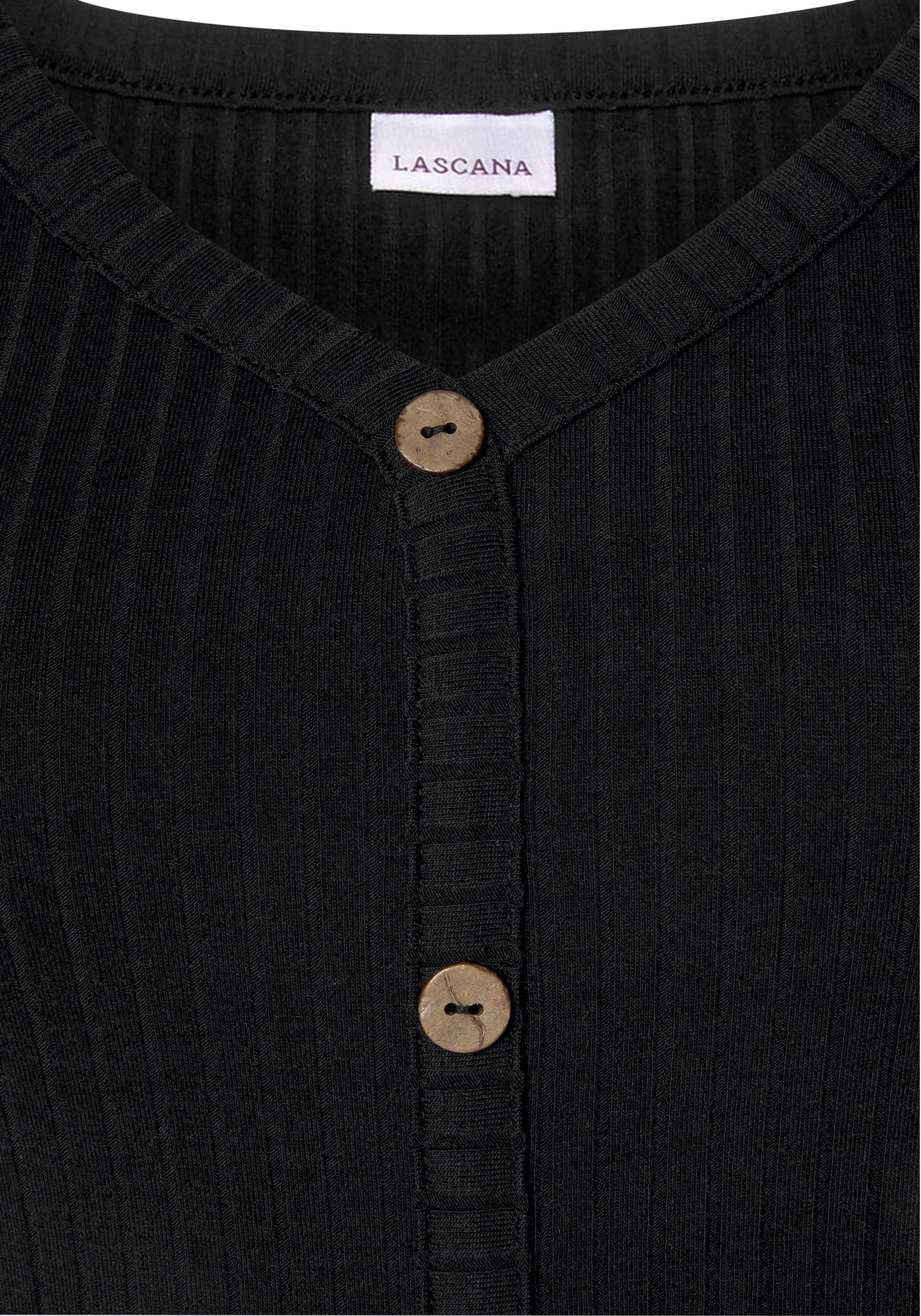 LASCANA Kurzarmshirt aus Rippware mit Zierknopfleiste