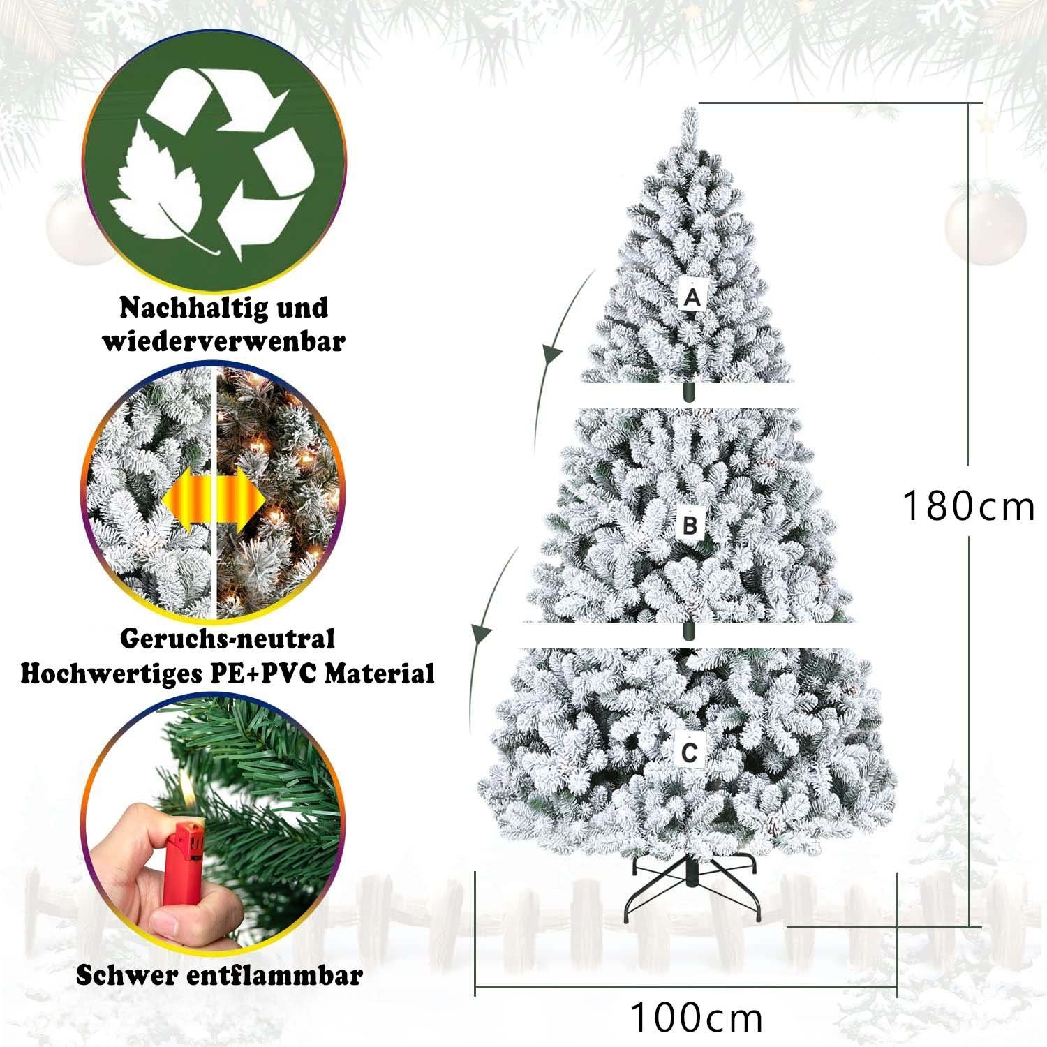 Sinaopus Künstlicher Weihnachtsbaum BW01 Tannenbaum mit beleuchtung, LED Christbaum, Schnee PE+PVC, mit 1000 Spitzen und 300 Warm-Weißen LED, 180 cm mit Metallständer