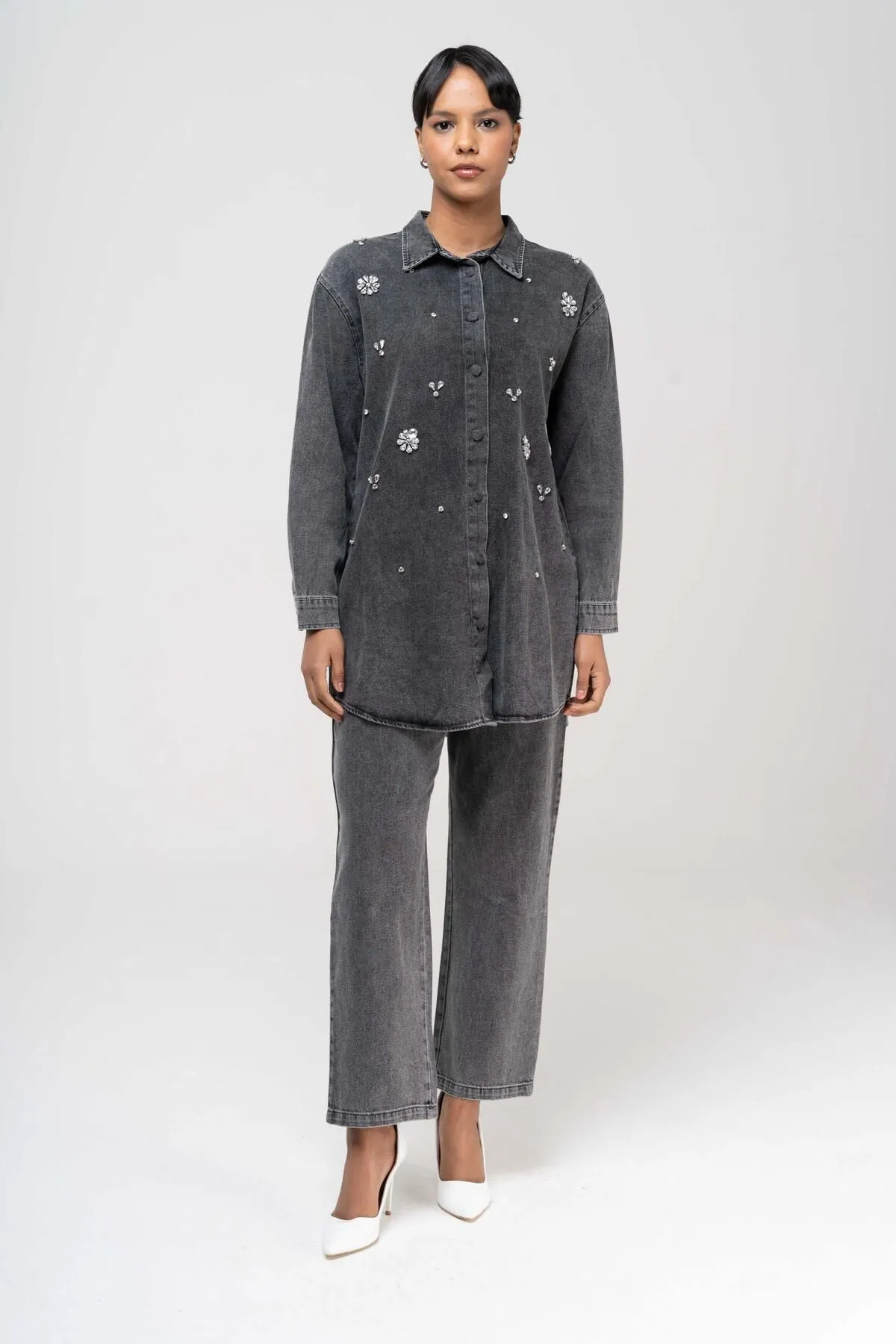 Olcay  Tuniği Jeansanzug mit Steinerbsen und Hose mit elastischer Taille ANTHRAZIT 9225-TK