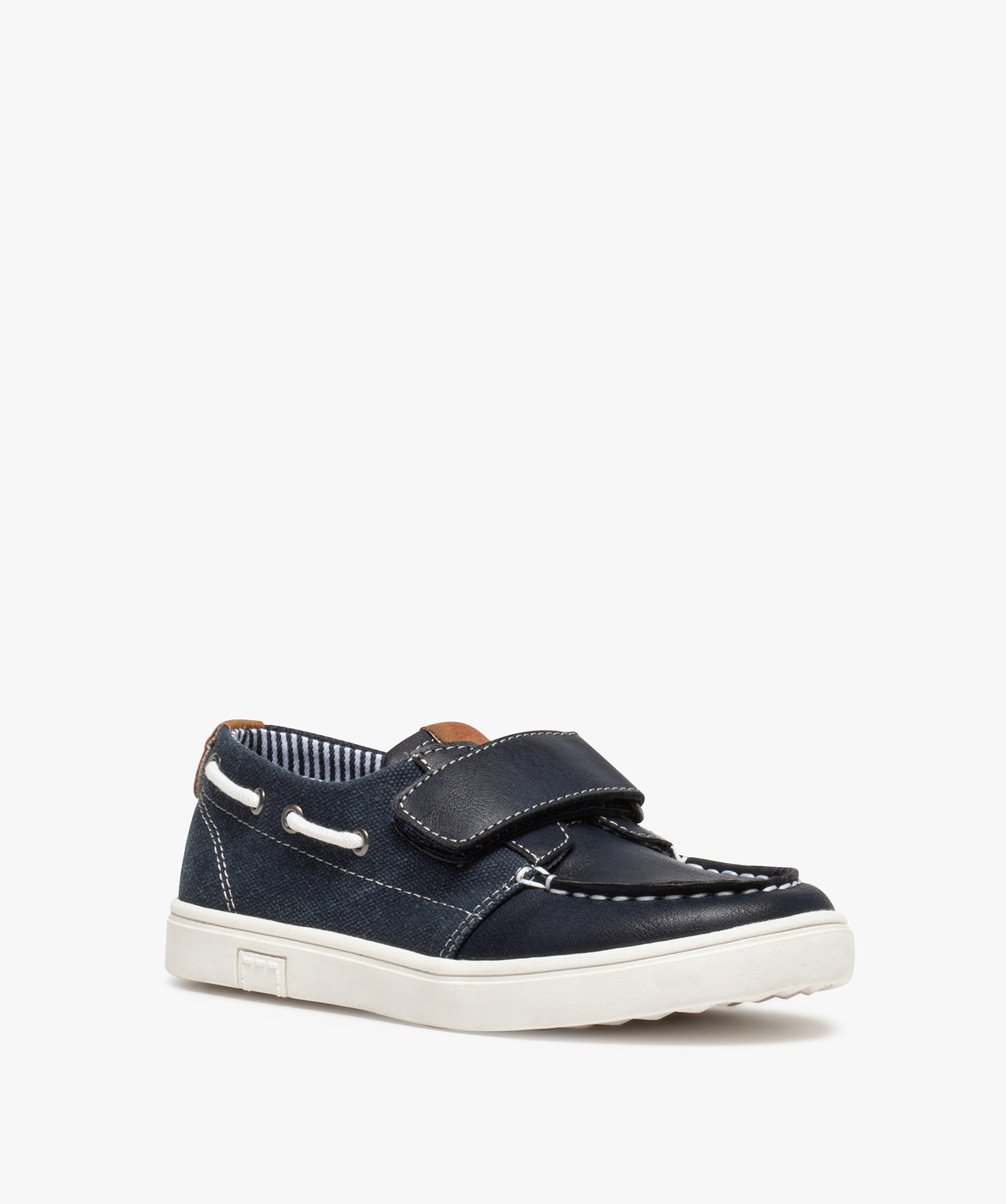 Chaussures bateau Garçon unies bi-matières à scratch marine | GEMO