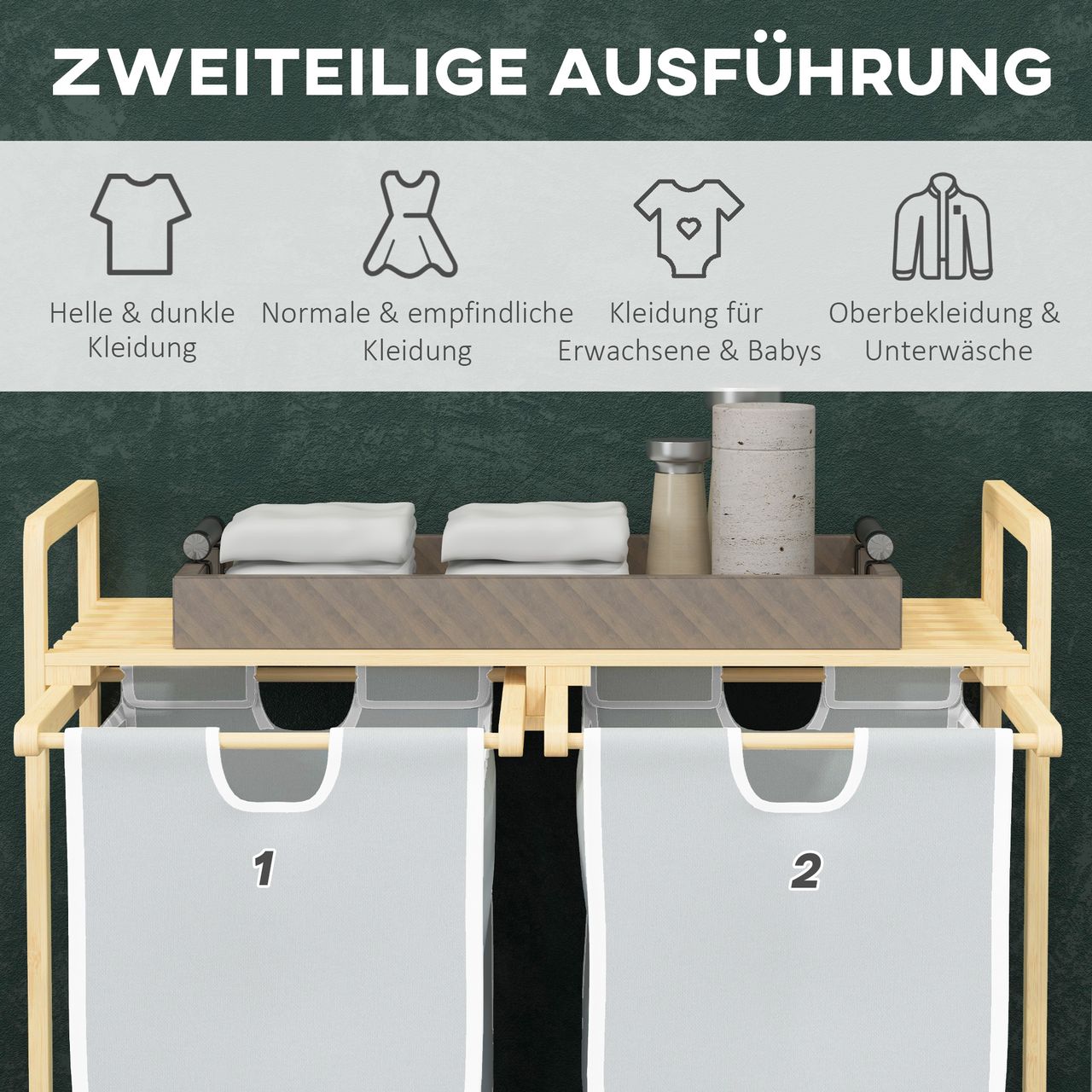 HOMCOM Wäschekorb Wäschebox mit 2 abnehmbaren Wäschesacke Wäschesortierer Bambus