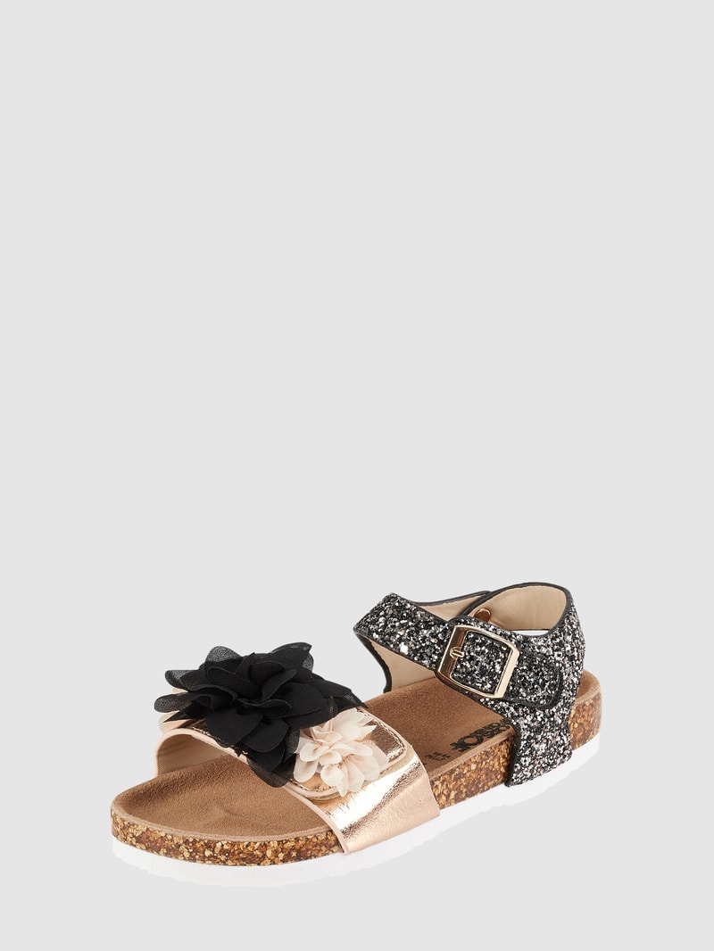 Sandalen mit Blüten-Applikationen in schwarz