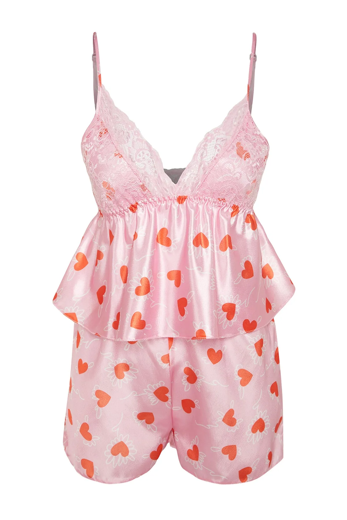 Trendyol Collection  Rosa-mehrfarbiges Pyjama-Set aus Satin mit Herz-Spitze und Seilträgern THMSS23PT00105