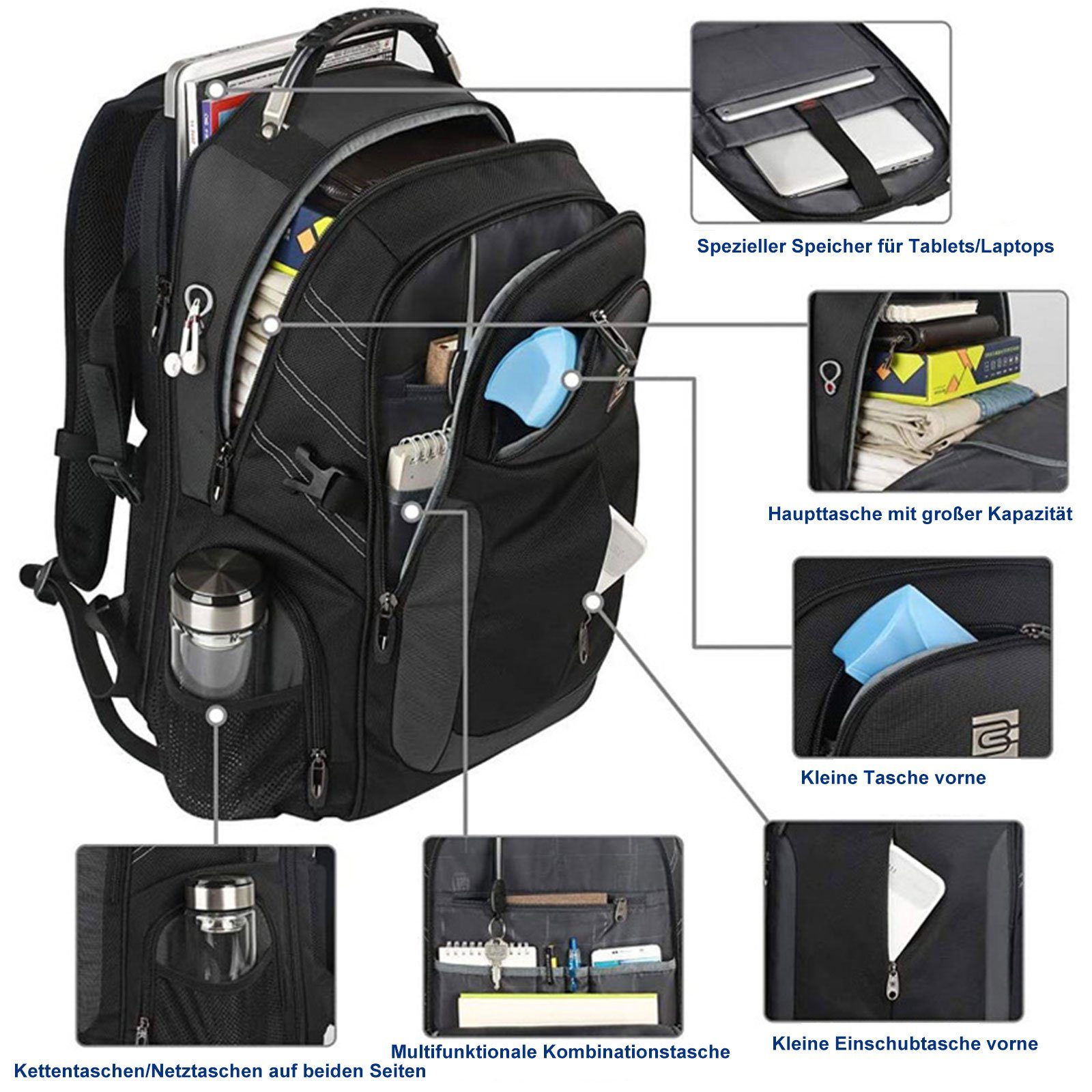 WISHDOR Reiserucksack Computertasche Lässig Rucksack Sportrucksack Sporttasche Umhängetasche (Mit dem eingebauten USB-Ladegerät außen, 32x22x46cm/35x25x50cm), mit USB-Ladeanschluss, passend für 15,6-Zoll-Laptop und Notebook
