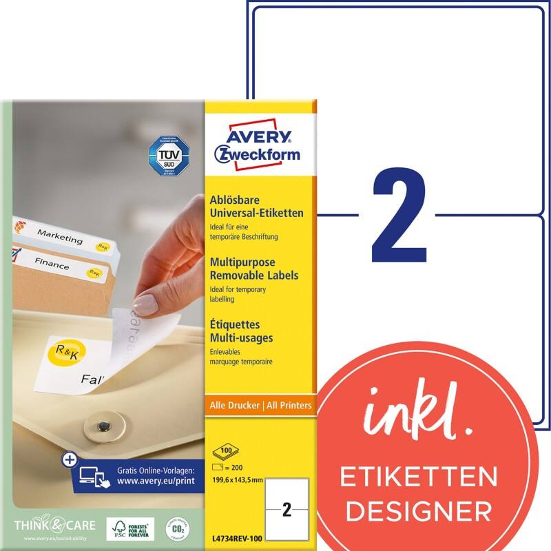 AVERY Zweckform L4734REV-100 Ablösbare Universaletiketten DIN A4 Weiß 199,6 x 143,5 mm 100 Blatt à 2 Etiketten