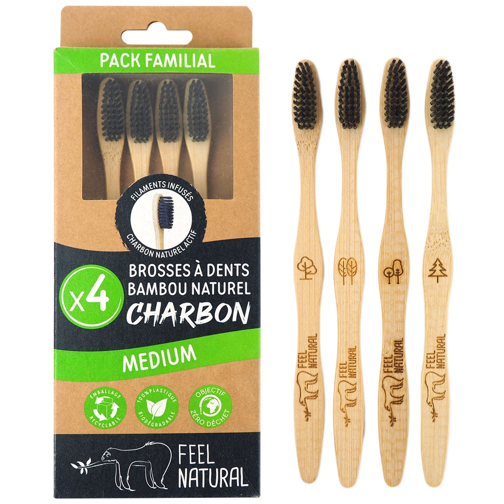 feel natural Lot 4 brosses à dents Charbon - Medium -  Feel Natural BROSSE A DENTS